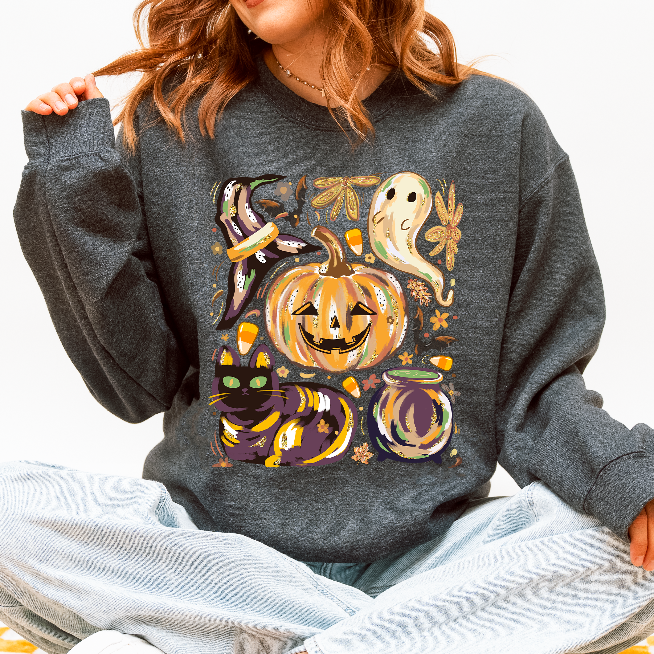 Cute Halloween Painted, Pumpkin, Black Cat Ghost - Adult & Kids T-Shirts, Sweatshirts & Hoodies apparel design preview 1