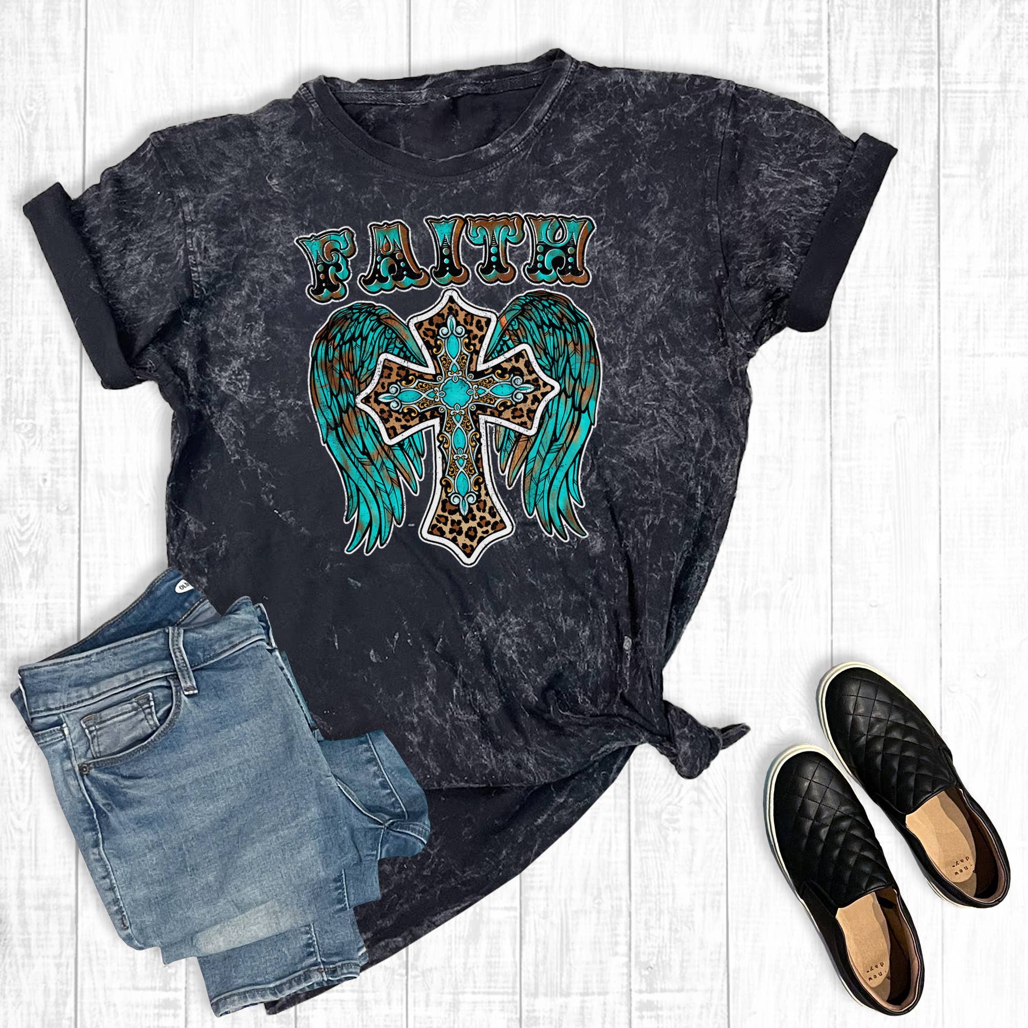 Turquoise Leopard Faith Cross Mineral Wash Graphic - Adult & Kids T-Shirts, Sweatshirts & Hoodies apparel design preview 1