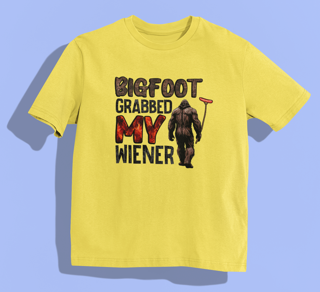 Bigfoot Grabbed My Wiener (Yellow) - Adult & Kids T-Shirts, Sweatshirts & Hoodies apparel design preview 1