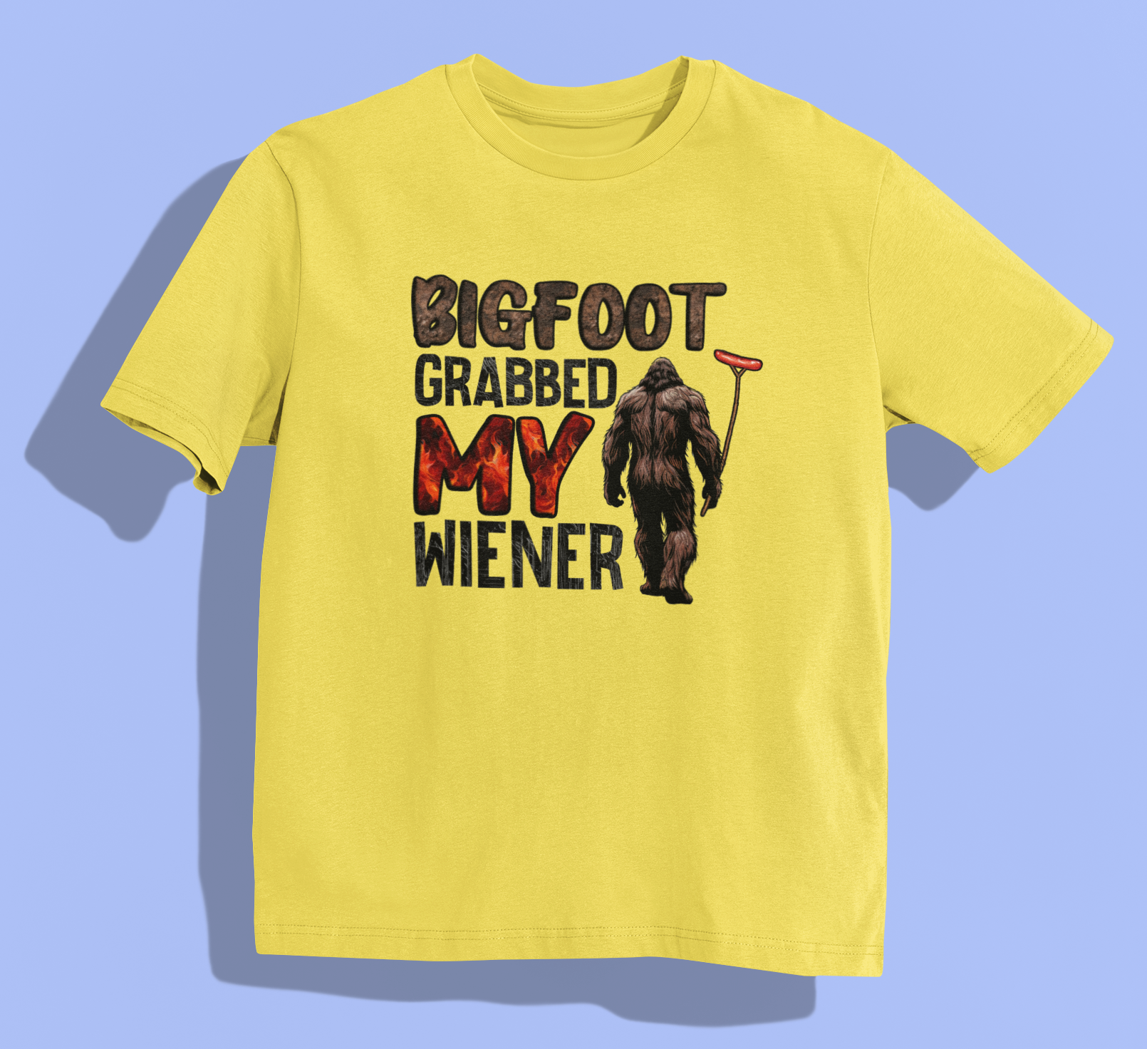 Bigfoot Grabbed My Wiener (Yellow) - Adult & Kids T-Shirts, Sweatshirts & Hoodies apparel design preview 1