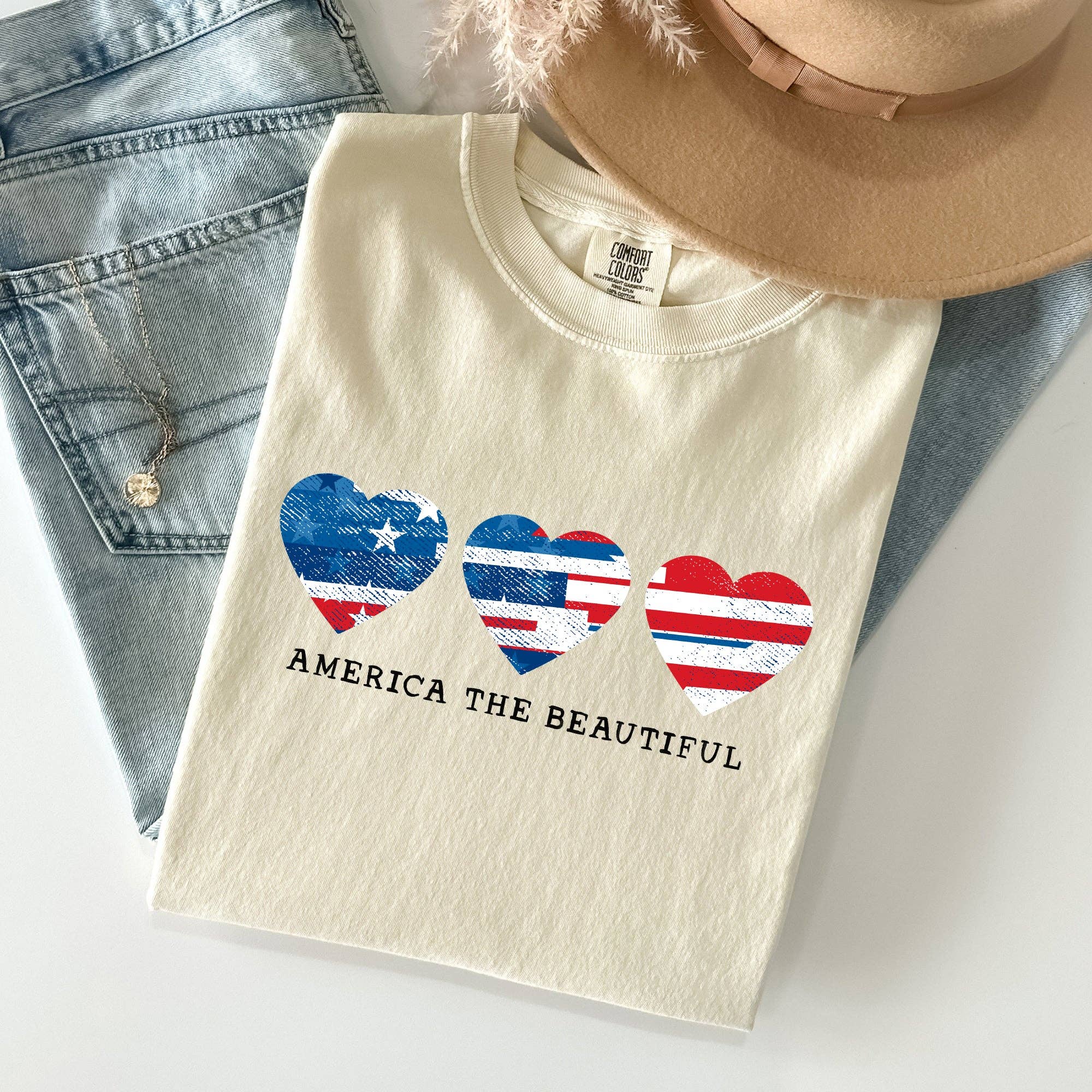 America the Beautiful, Retro Hearts, Patriotic - Adult & Kids T-Shirts, Sweatshirts & Hoodies apparel design preview 1