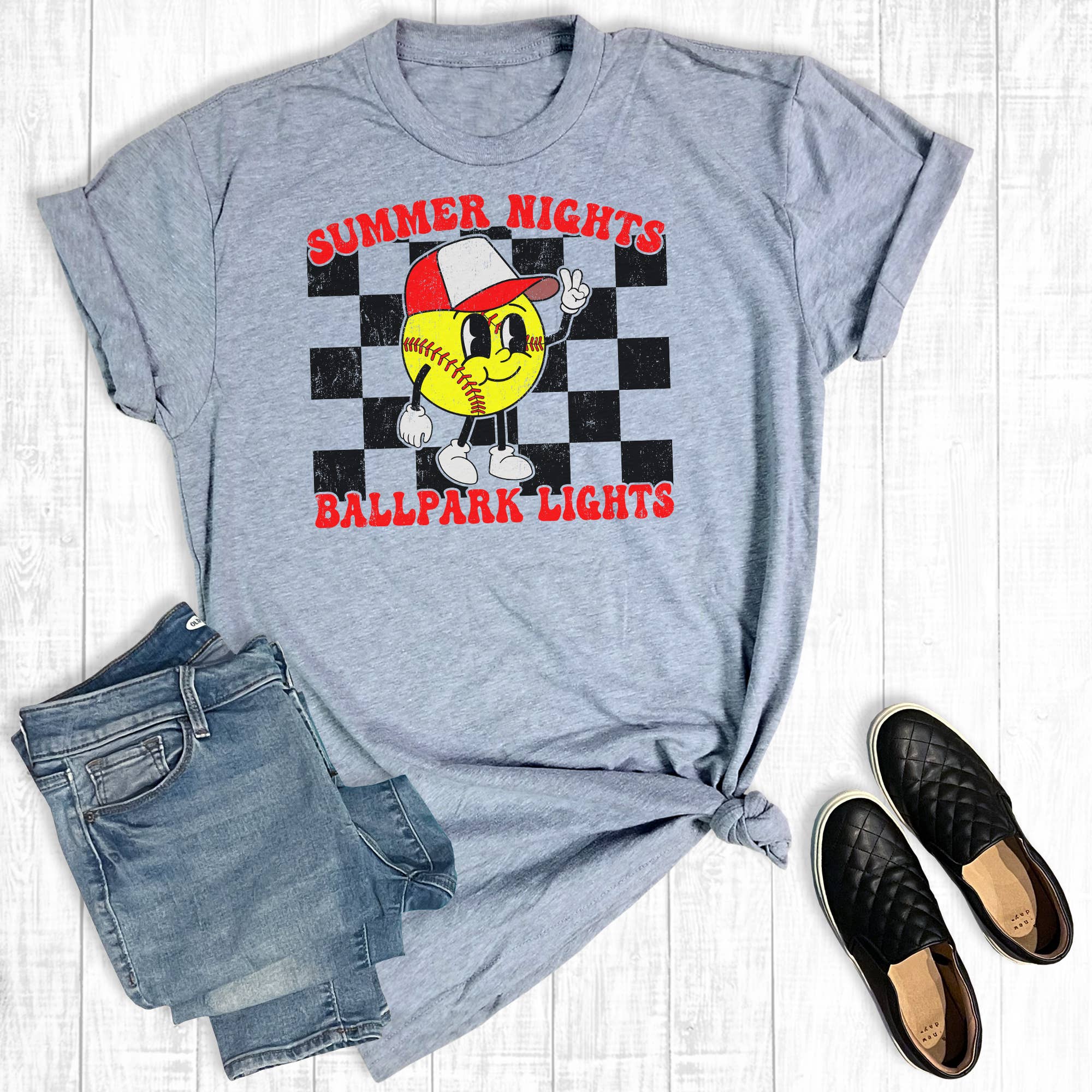 Retro Summer Nights Ball Park Lights Softball Graphic - Adult & Kids T-Shirts, Sweatshirts & Hoodies apparel design preview 1