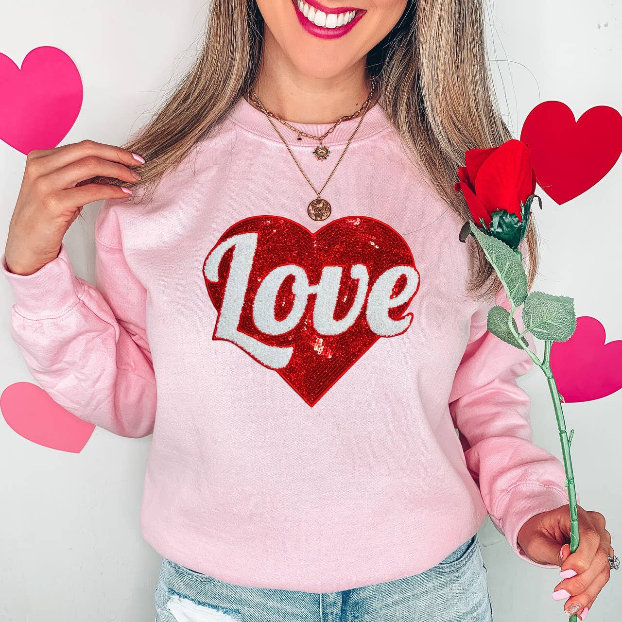 Red Heart Sequin Patch Crewneck - Adult & Kids T-Shirts, Sweatshirts & Hoodies apparel design preview 1