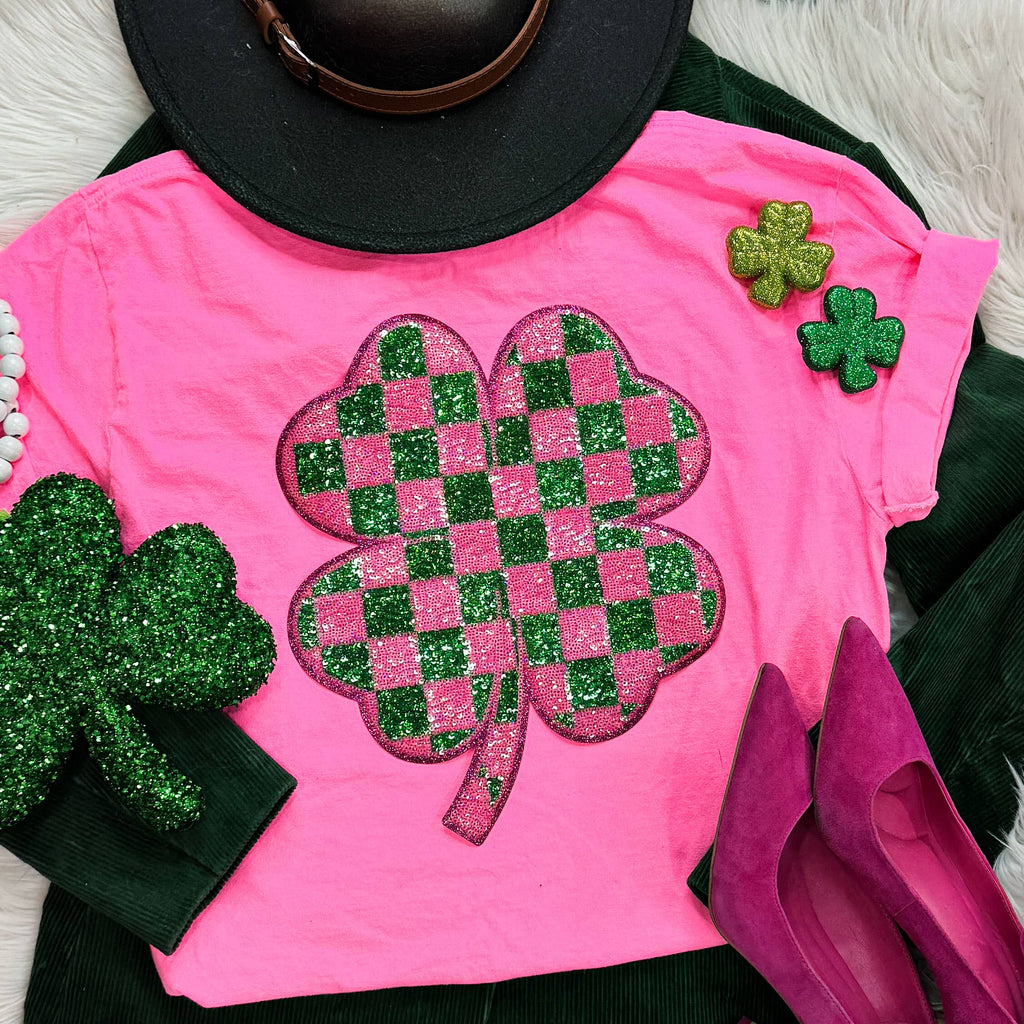 Checkered Shamrock Sequin Patch Neon Pink - Adult & Kids T-Shirts, Sweatshirts & Hoodies apparel design preview 1