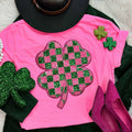 Checkered Shamrock Sequin Patch Neon Pink - Adult & Kids T-Shirts, Sweatshirts & Hoodies apparel design preview 1