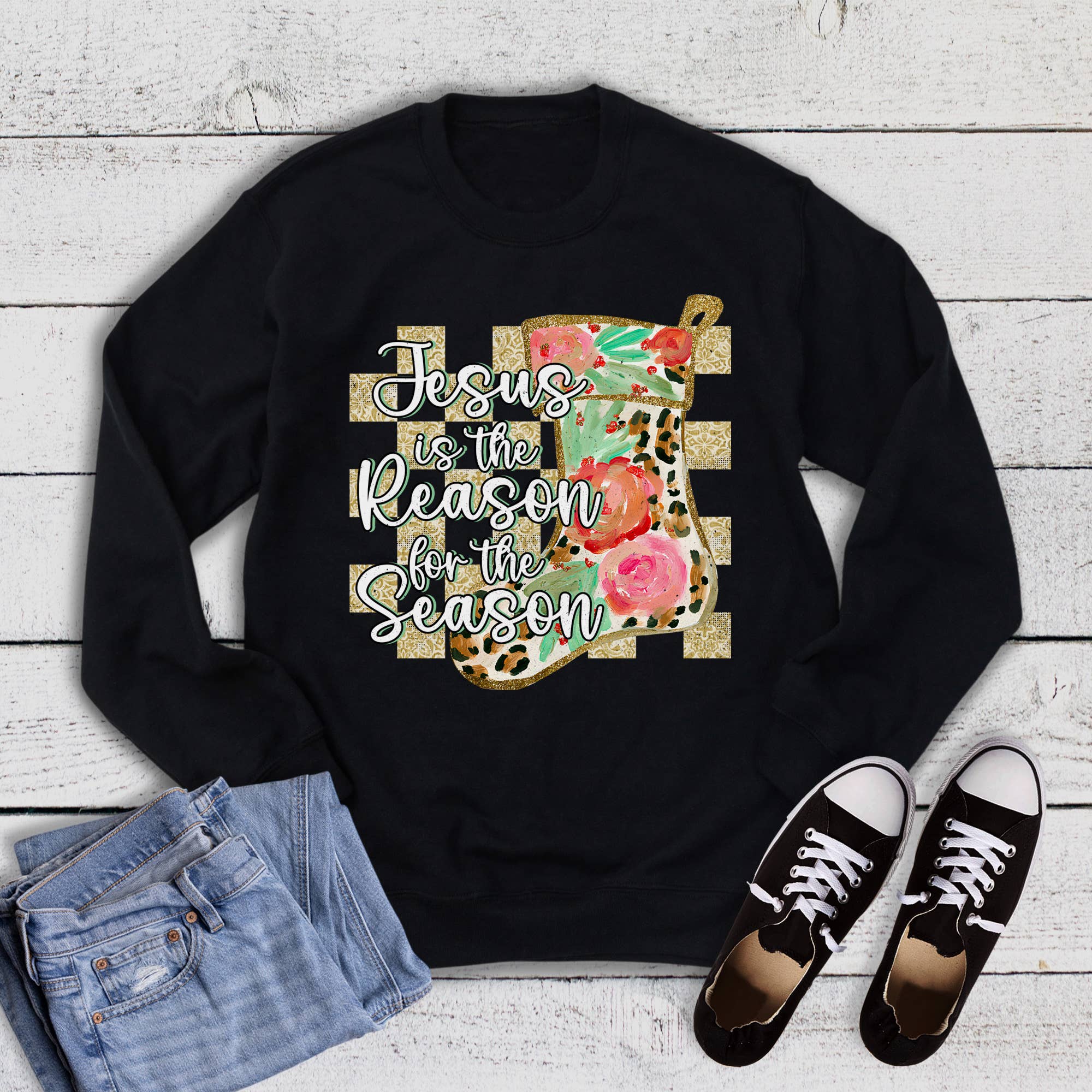 Christmas Faith Watercolor Jesus Is the Reason - Adult & Kids T-Shirts, Sweatshirts & Hoodies apparel design preview 1