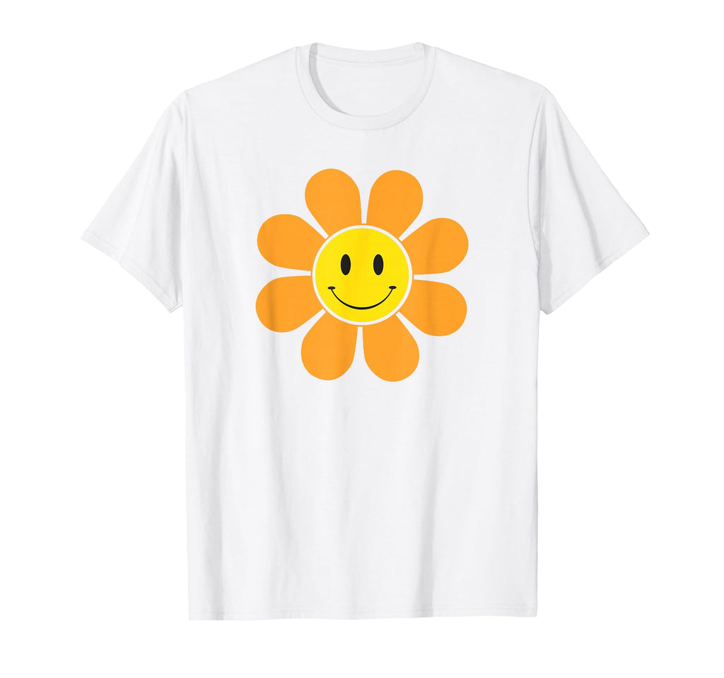 Orange 70S Flower Yellow Smiling Face T-Shirt - Unique Graphic for Adults - T-Shirt, Sweatshirt, Hoodie