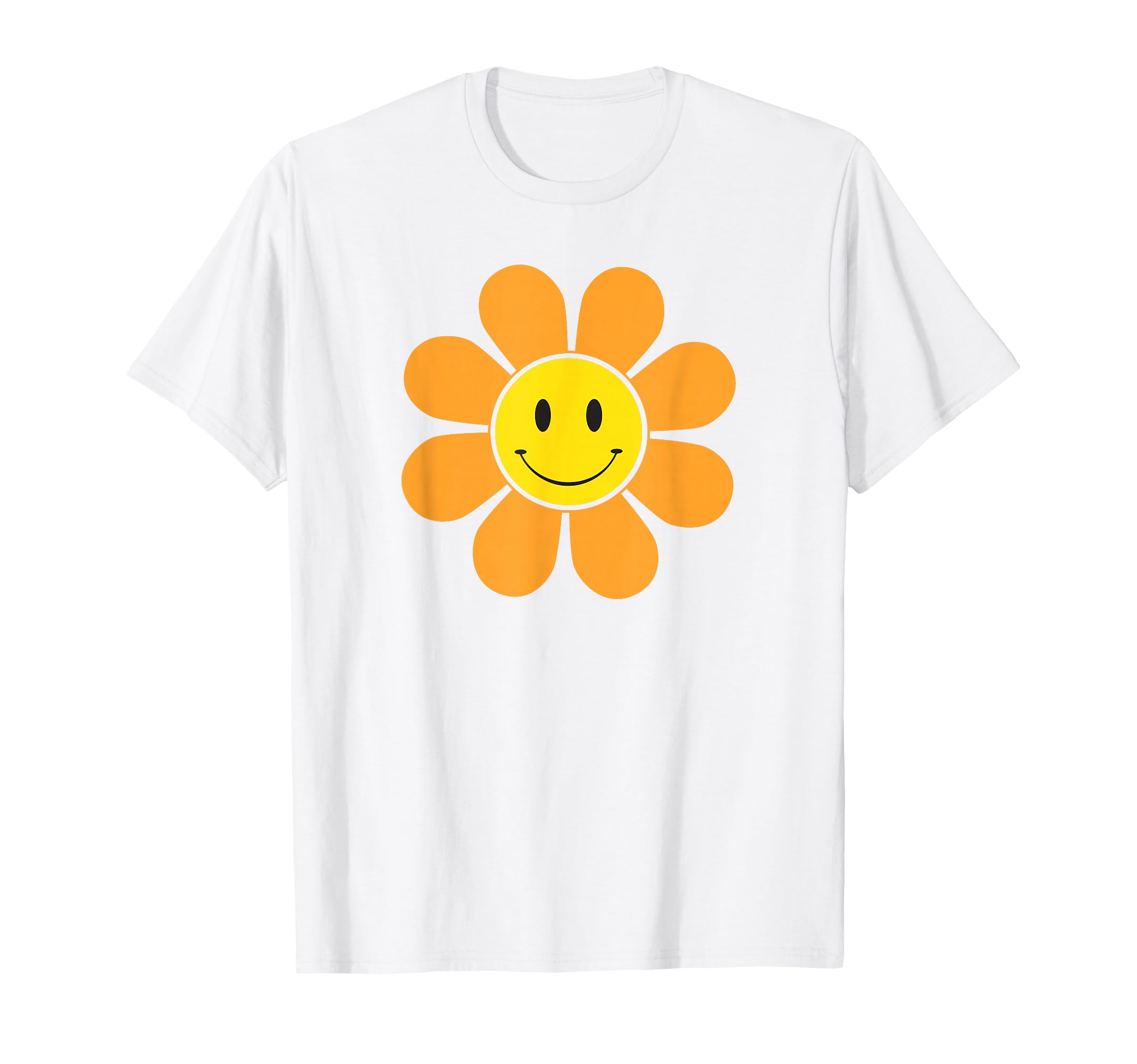 Orange 70S Flower Yellow Smiling Face T-Shirt - Unique Graphic for Adults - T-Shirt, Sweatshirt, Hoodie