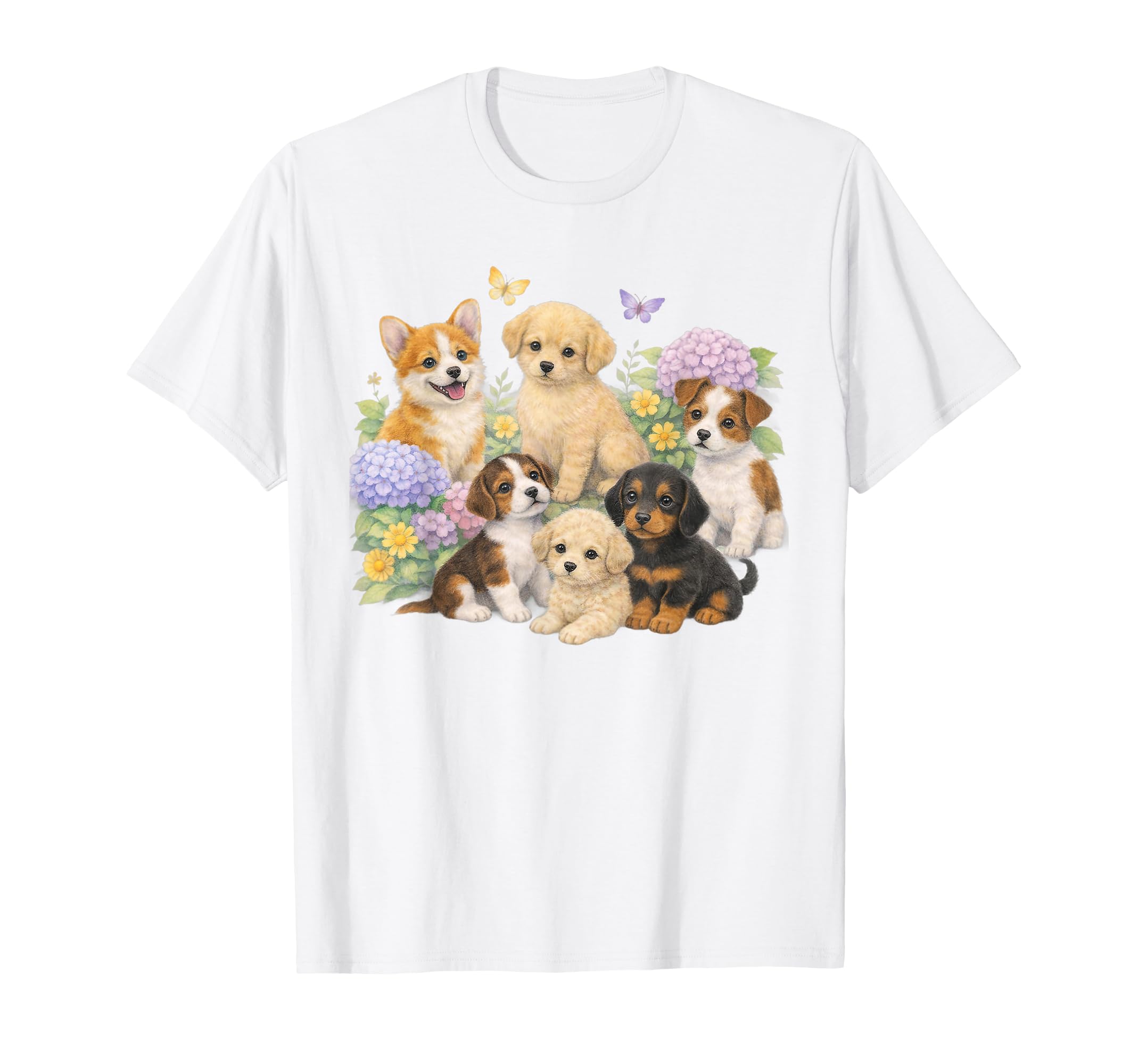 Puppies 90S Puppy Boho Spring Floral Dog T-Shirt - Custom Art Print Unisex - T-Shirt, Sweatshirt, Hoodie