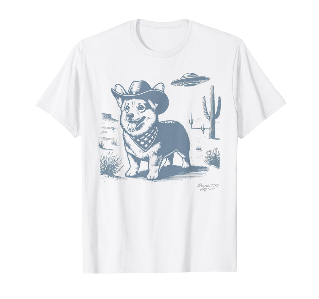 Funny 90S Western Cowboy Corgi Ufo T-Shirt - Fun Novelty Design for Adults - T-Shirt, Sweatshirt, Hoodie