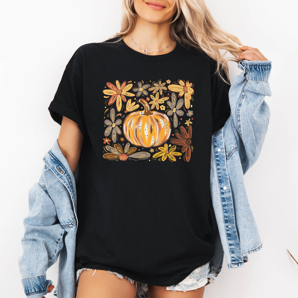 Beautiful Pumpkin Autumn Flowers, Fall Watercolor, - Adult & Kids T-Shirts, Sweatshirts & Hoodies apparel design preview 1