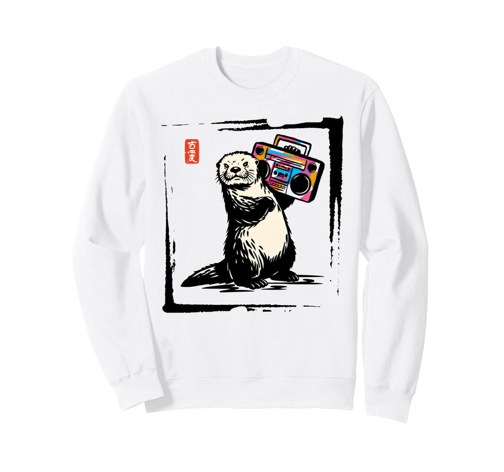 80S Boombox Otter Japanese Art Sweatshirt - Aesthetic Graphic for Adults - T-Shirt, Sweatshirt, Hoodie