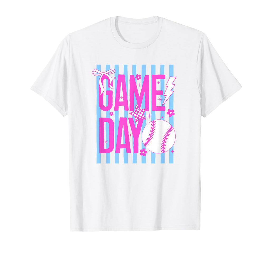 Game Day Baseball Mom Striped Bow T-Shirt - Fun Novelty Design for Adults - T-Shirt, Sweatshirt, Hoodie