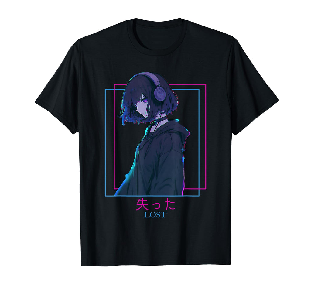 Lost Sad Anime Wearing Headphone T-Shirt - Novelty Apparel Men Women - T-Shirt, Sweatshirt, Hoodie