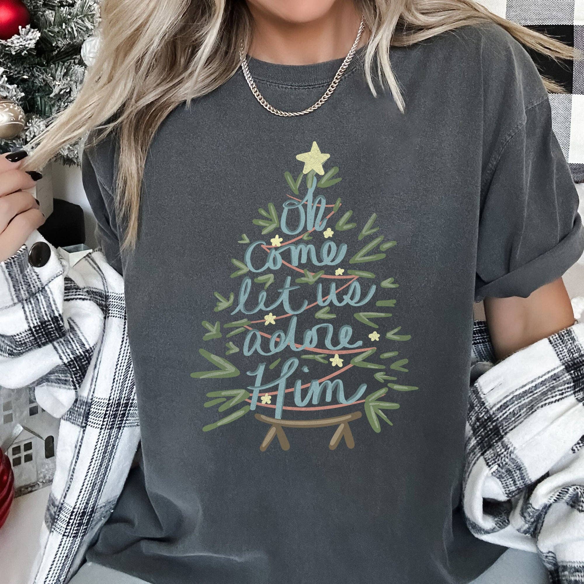Oh Come Let Us Adore Him, Christmas, Christian, Carol - Adult & Kids T-Shirts, Sweatshirts & Hoodies apparel design preview 1