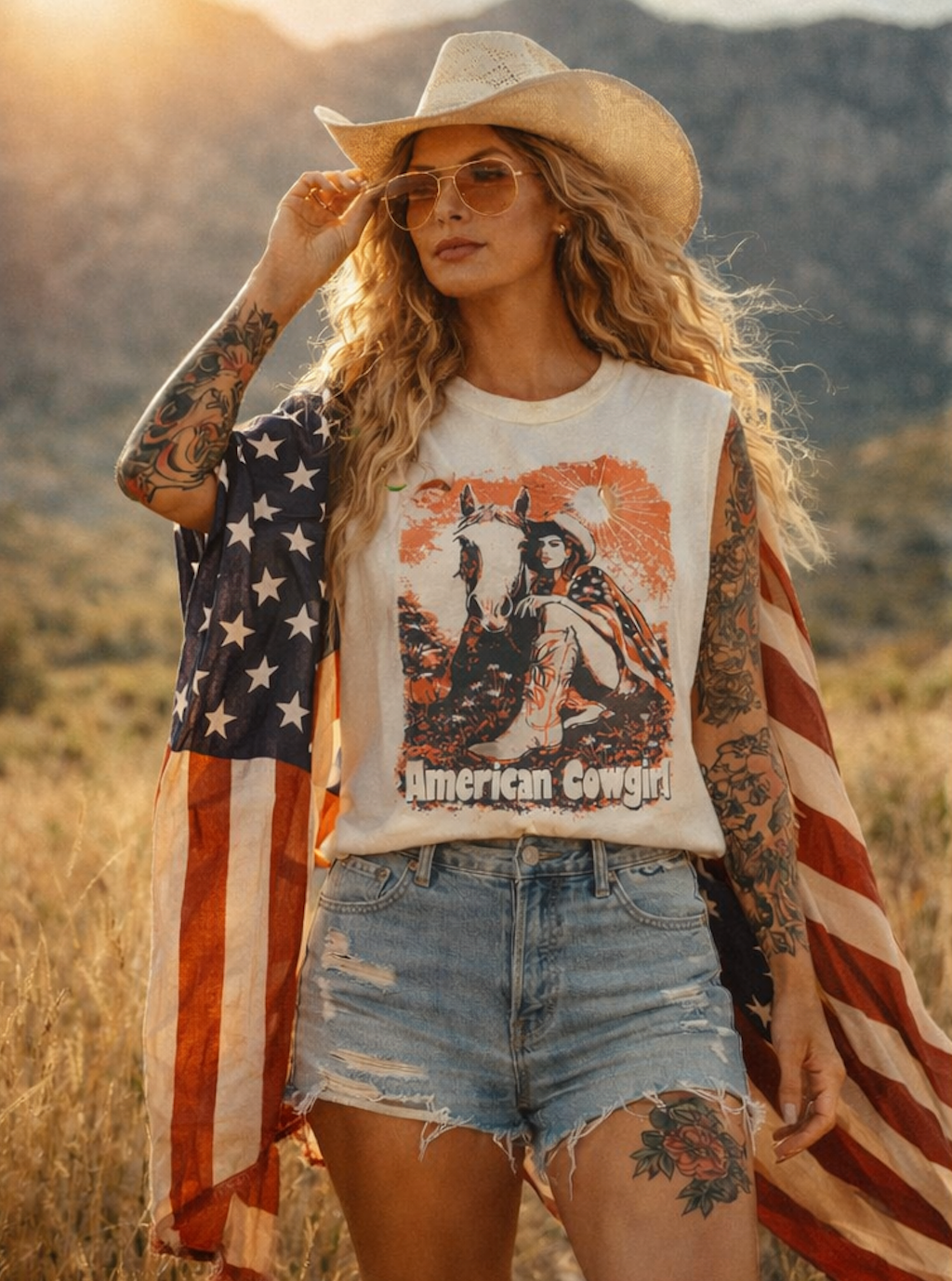 American Cowgirl Boxy Midriff Muscle Top - Adult & Kids T-Shirts, Sweatshirts & Hoodies apparel design preview 1