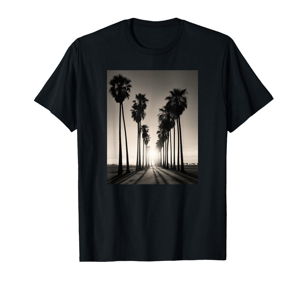 Black White Photo Palm Trees Sunset T-Shirt - Unique Graphic Unisex - T-Shirt, Sweatshirt, Hoodie