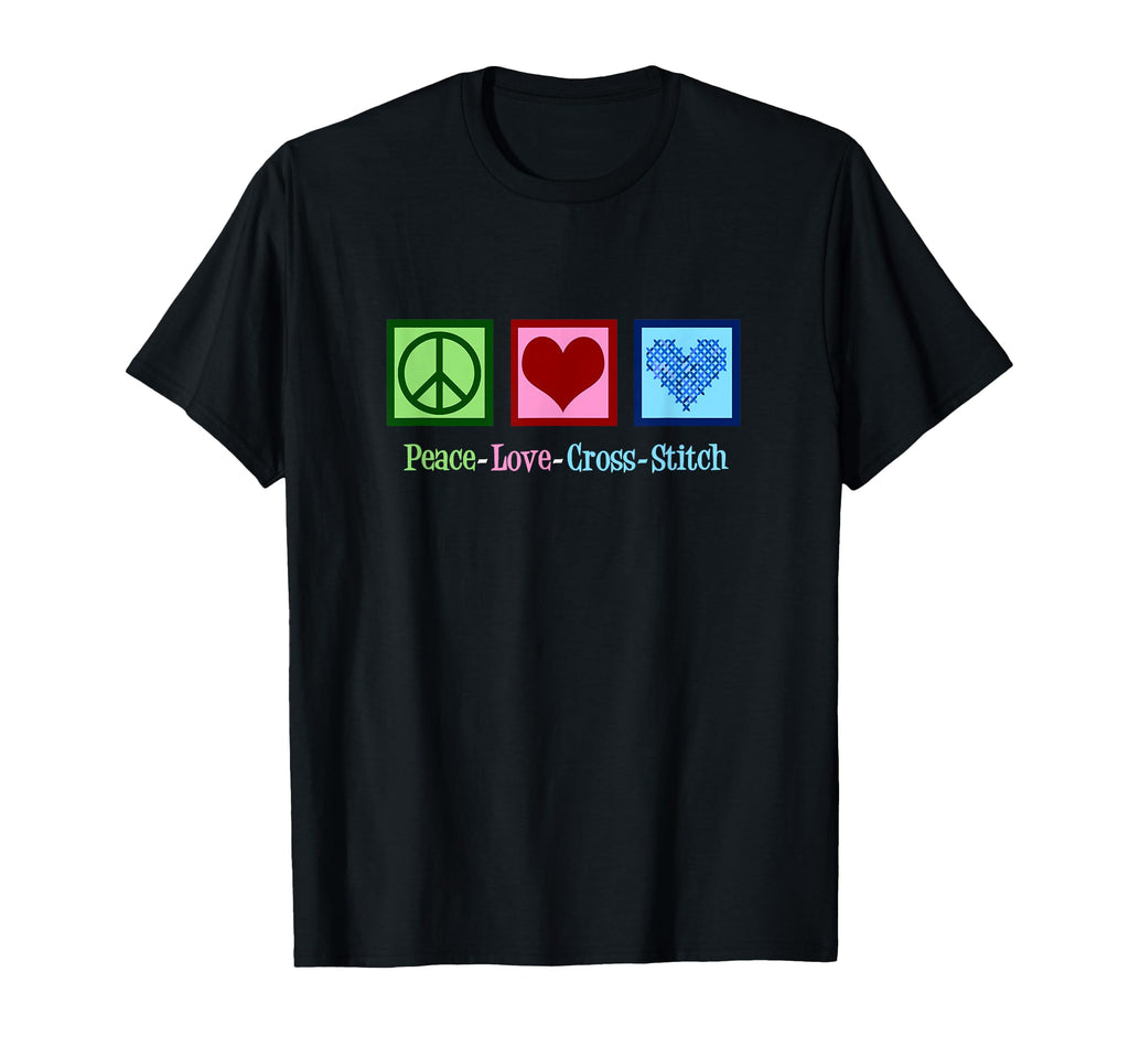 Peace Love Cross Stitch Heart T-Shirt - Minimalist Print Men Women - T-Shirt, Sweatshirt, Hoodie