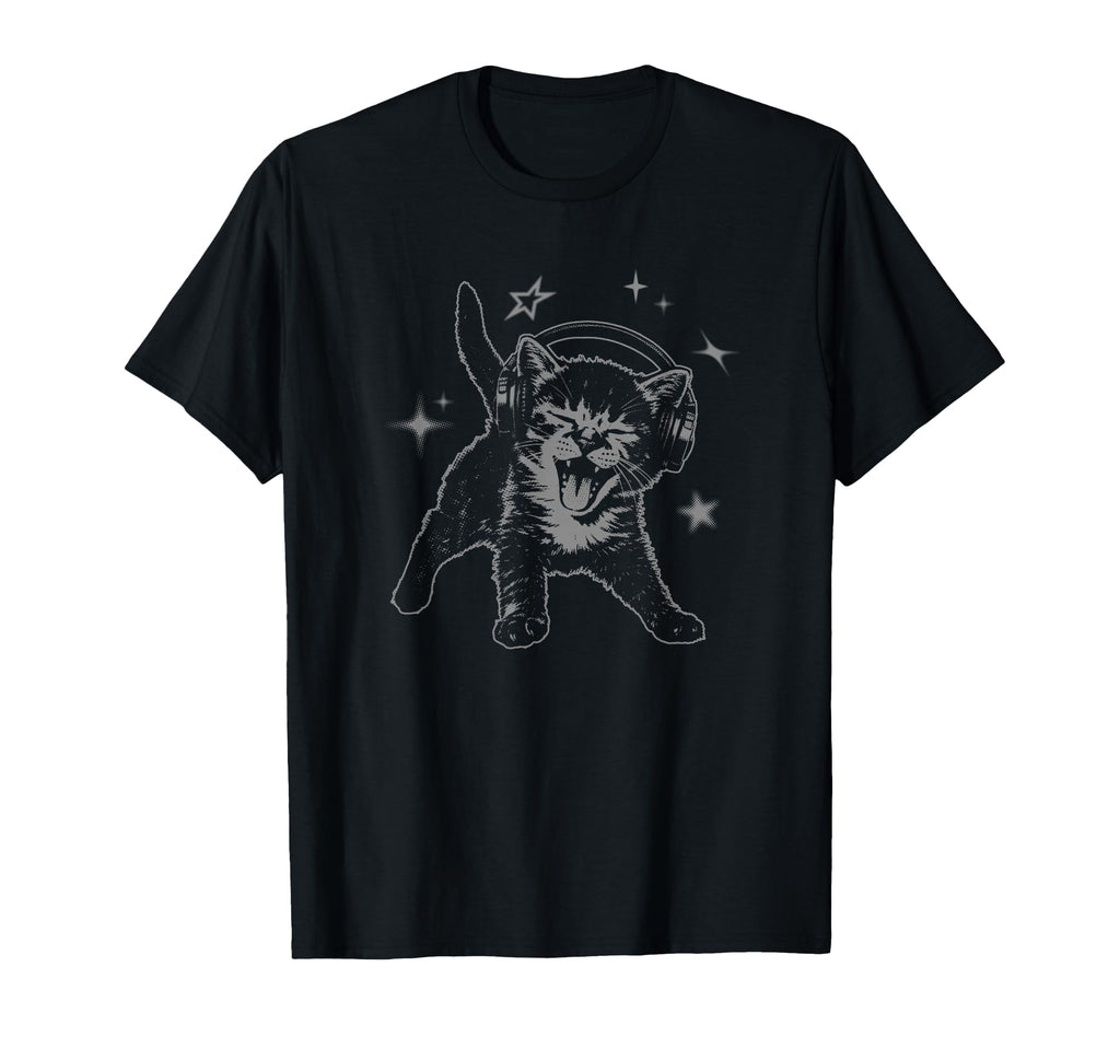 Cat Headphones Stars Silly 90S T-Shirt - Aesthetic Graphic Men Women - T-Shirt, Sweatshirt, Hoodie
