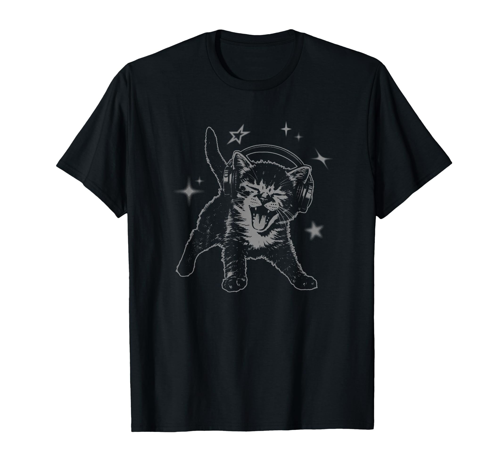 Cat Headphones Stars Silly 90S T-Shirt - Aesthetic Graphic Men Women - T-Shirt, Sweatshirt, Hoodie