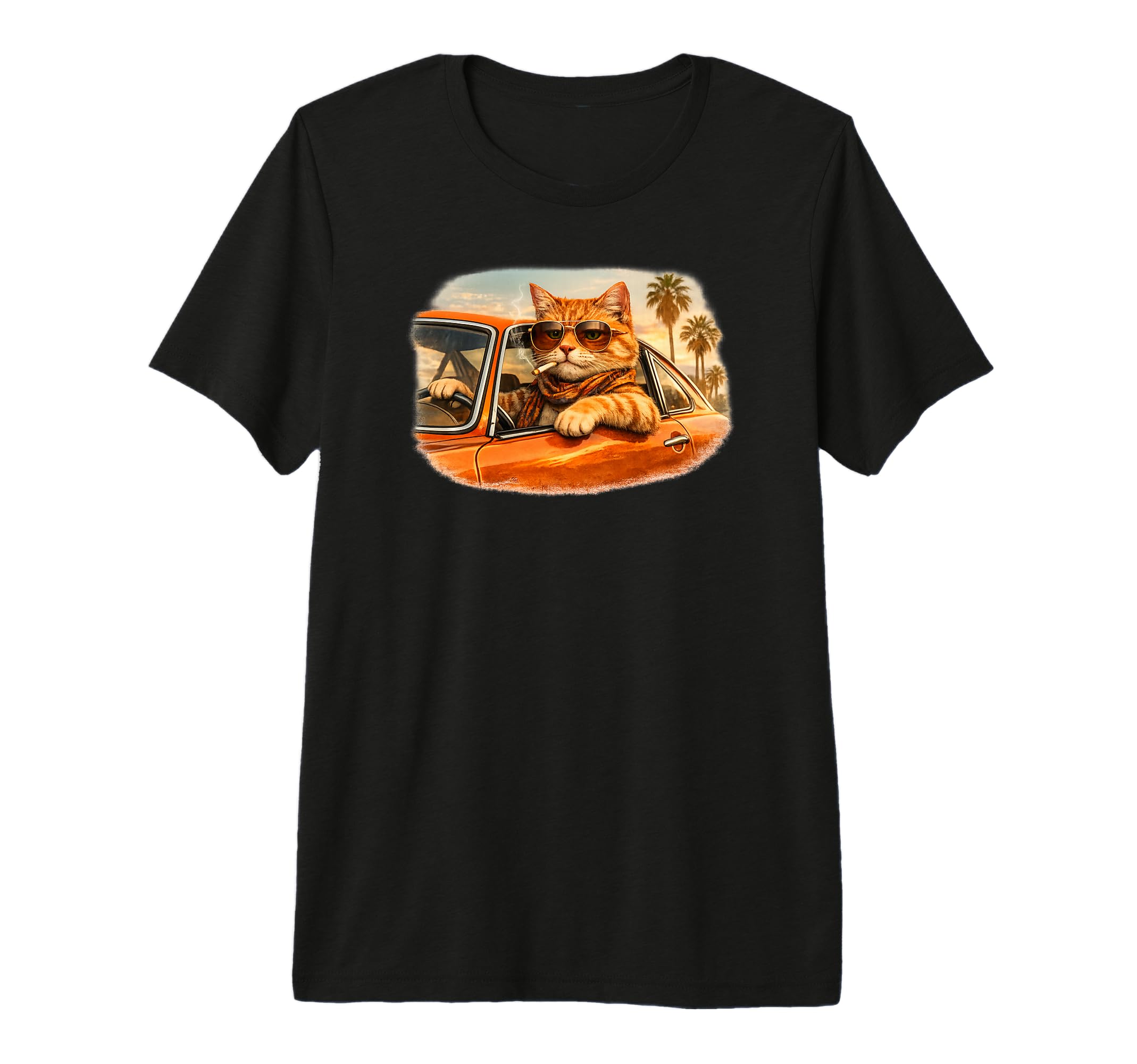 Cat Driving Car Smoking Cigarette 1970S T-Shirt - Aesthetic Graphic Unisex - T-Shirt, Sweatshirt, Hoodie
