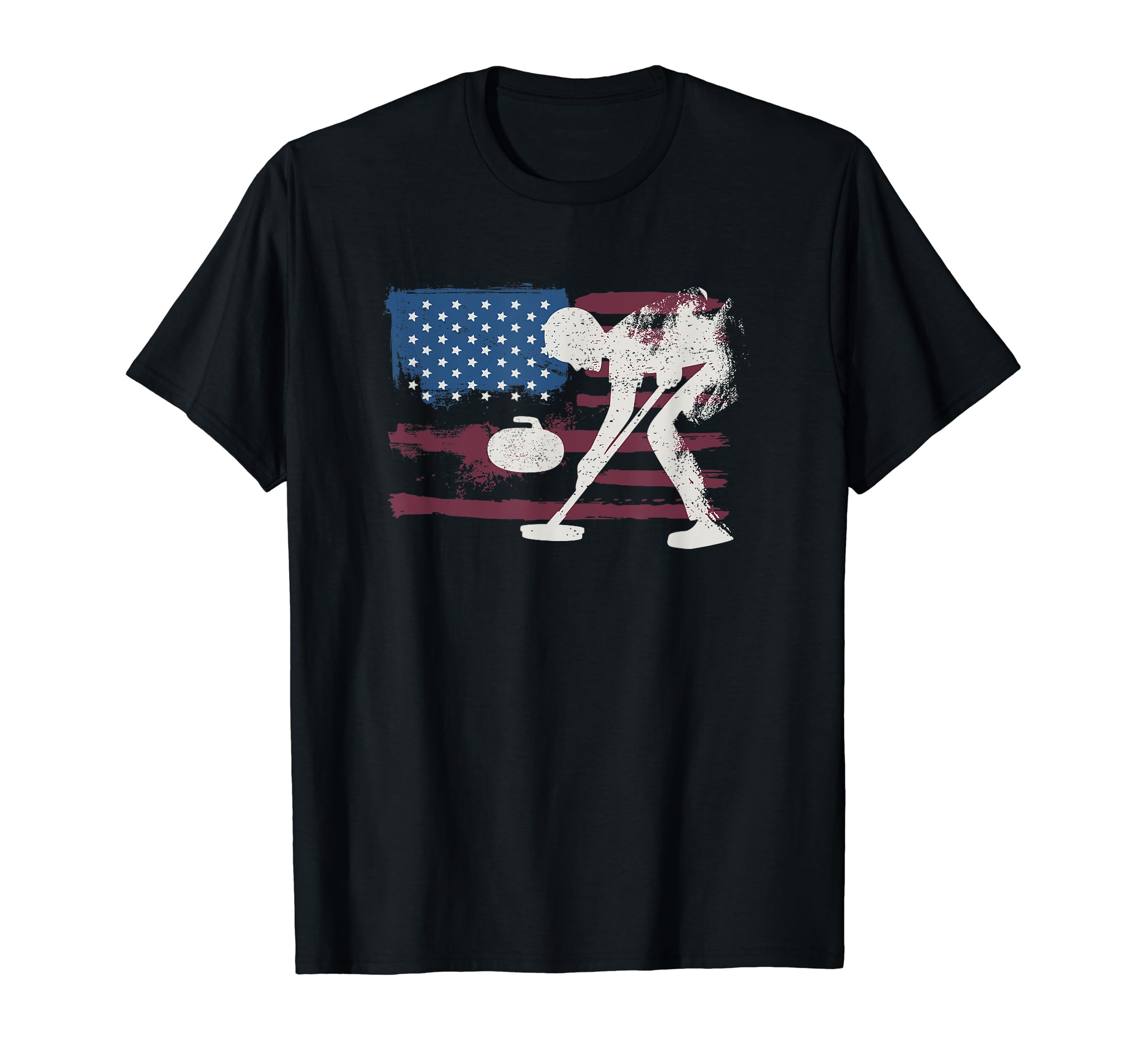 Curling Distressed American Flag T-Shirt - Fun Novelty Design Men Women - T-Shirt, Sweatshirt, Hoodie