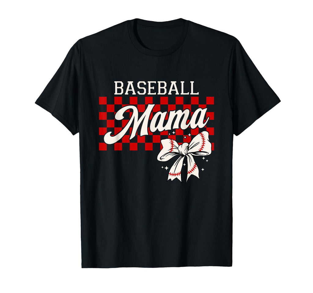 Checkered Baseball Mom Art Coquette Bow T-Shirt - Novelty Apparel Unisex - T-Shirt, Sweatshirt, Hoodie