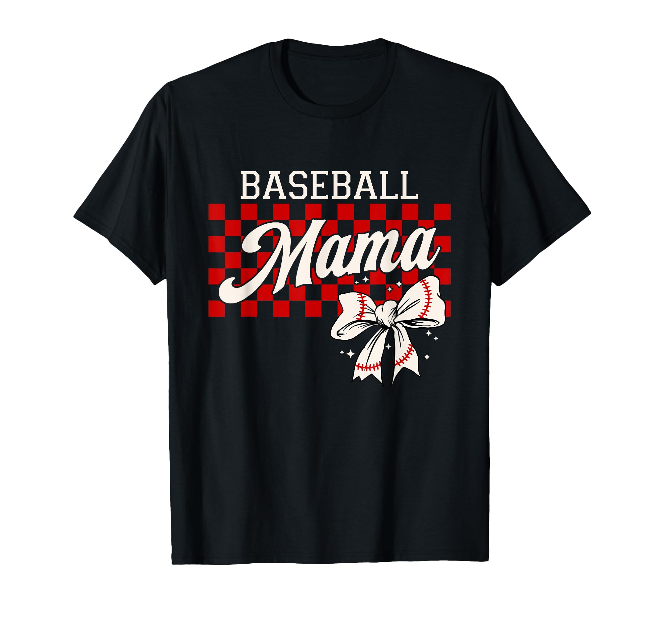 Checkered Baseball Mom Art Coquette Bow T-Shirt - Novelty Apparel Unisex - T-Shirt, Sweatshirt, Hoodie