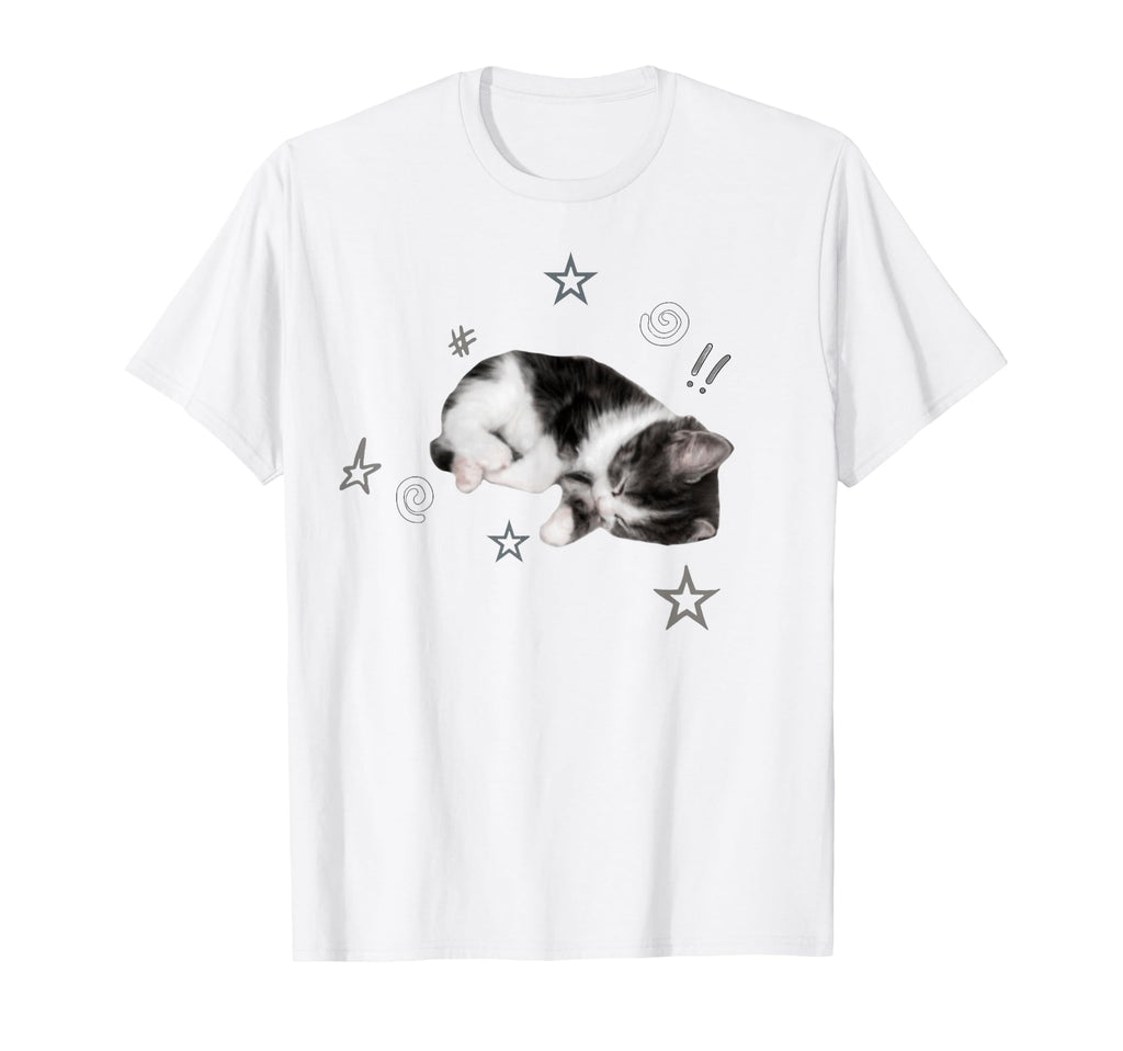 Sleeping Kitten Aesthetic Stars Doodles T-Shirt - Novelty Apparel Unisex - T-Shirt, Sweatshirt, Hoodie