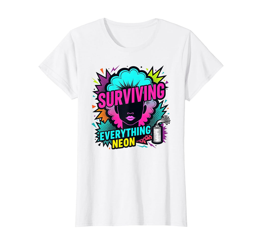 80S Neon Survival Womens Nostalgic T-Shirt - Minimalist Print for Adults - T-Shirt, Sweatshirt, Hoodie