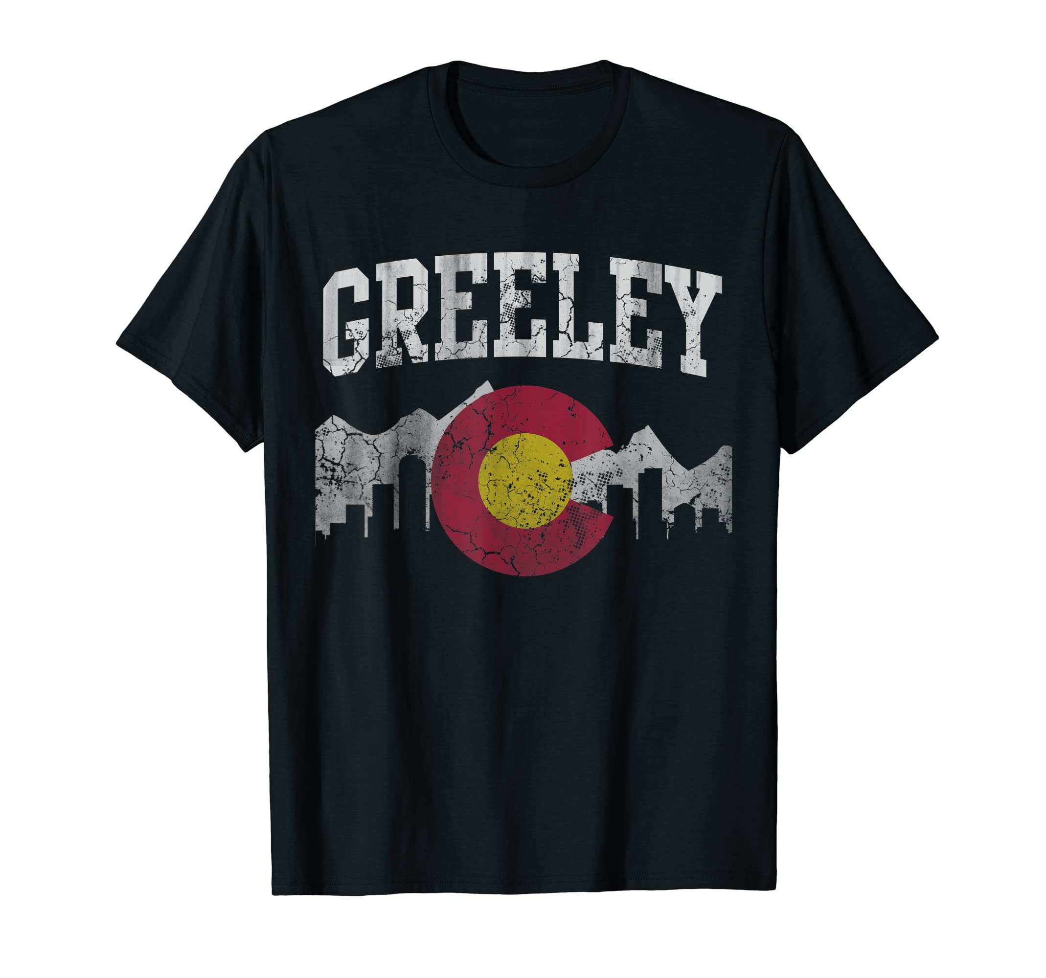 Greeley Colorado Flag Skyline Distressed T-Shirt - Graphic Print Unisex - T-Shirt, Sweatshirt, Hoodie