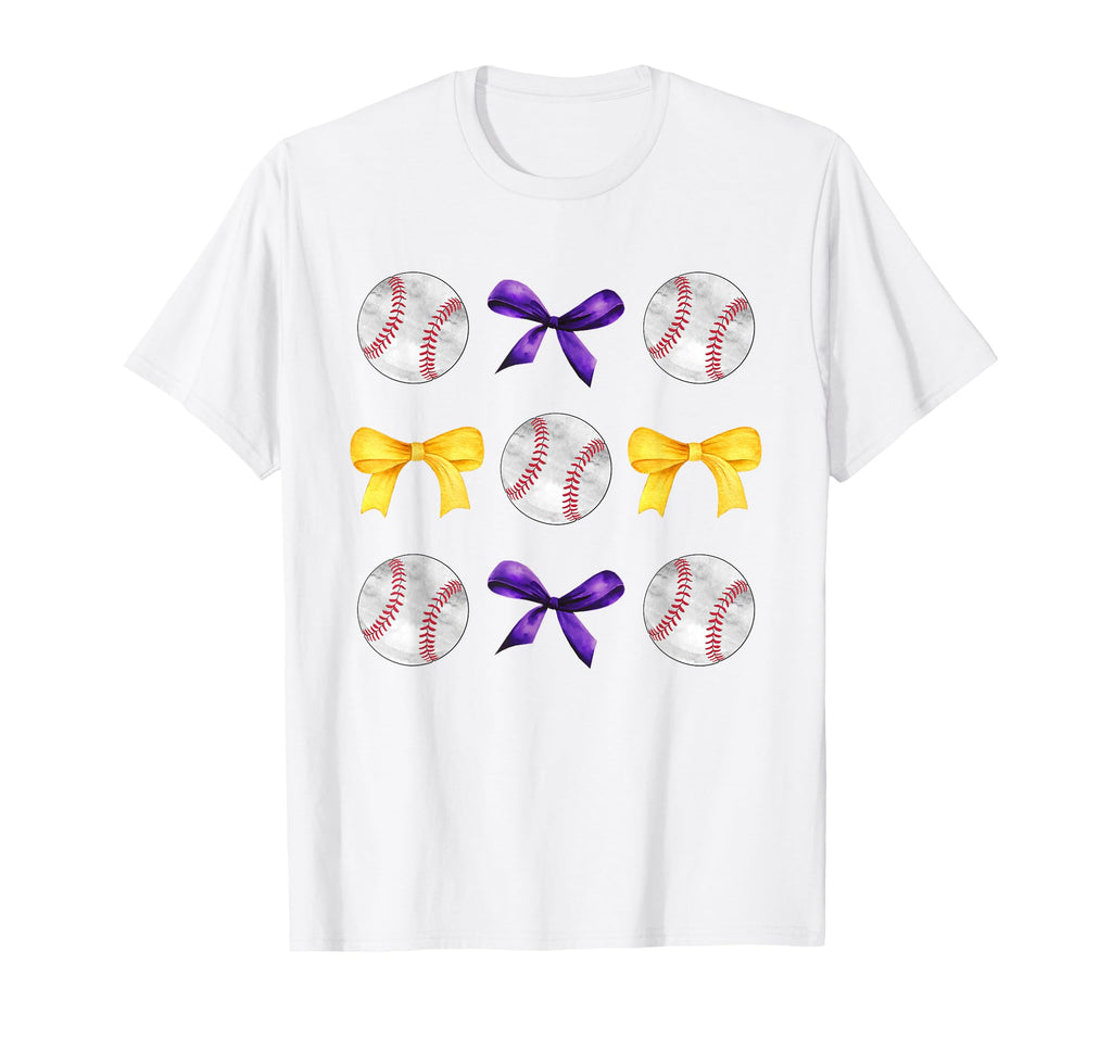 Baseballs Purple Gold Bows Ball Mom T-Shirt - Unique Graphic Men Women - T-Shirt, Sweatshirt, Hoodie