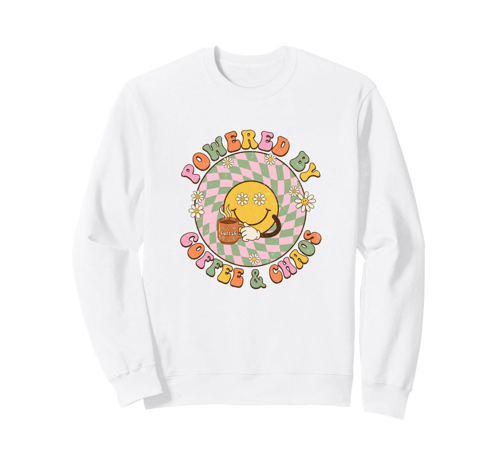 Powered Coffee And Chaos Groovy Sweatshirt - Minimalist Print for Adults - T-Shirt, Sweatshirt, Hoodie