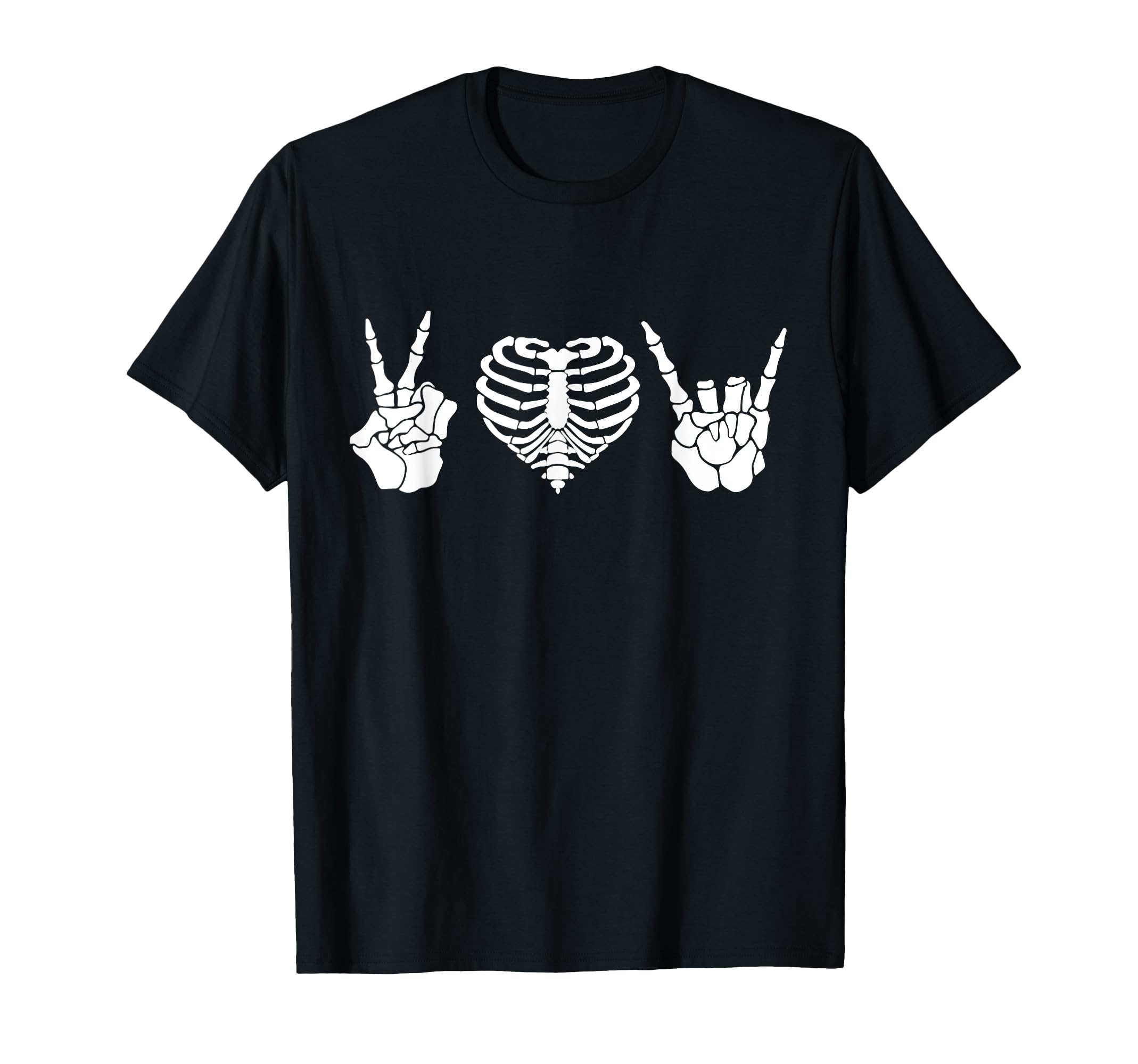 Peace Love Rock Roll Skeleton Hand T-Shirt - Graphic Print Unisex - T-Shirt, Sweatshirt, Hoodie