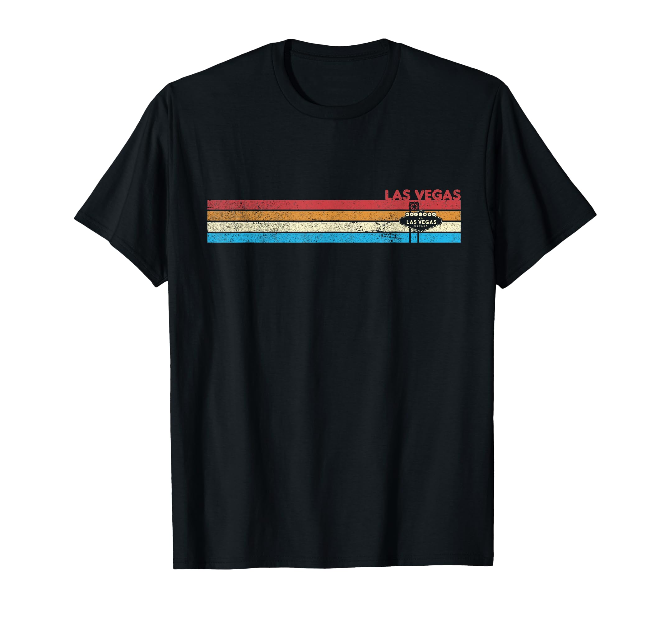 70S Rainbow Stripe Las Vegas Sign Distressed T-Shirt - Graphic Print Unisex - T-Shirt, Sweatshirt, Hoodie