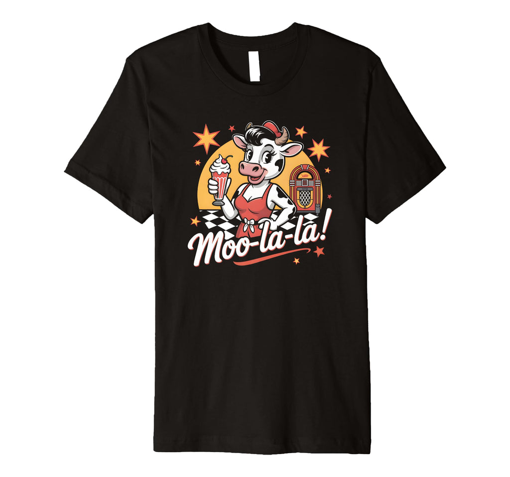 Moo La La Cow Milkshake Diner Pinup T-Shirt - Minimalist Print Men Women - T-Shirt, Sweatshirt, Hoodie