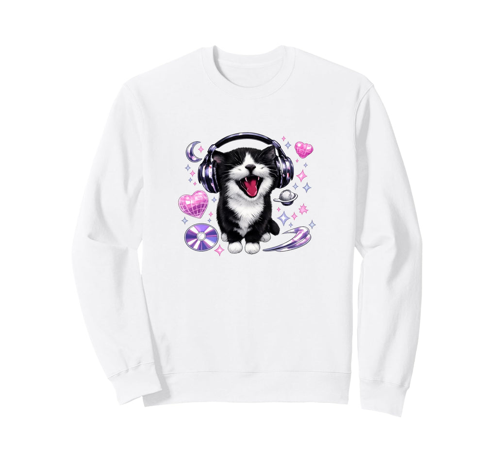 Black And White Cat Headphones Y2K Sweatshirt - Novelty Apparel for Adults - T-Shirt, Sweatshirt, Hoodie