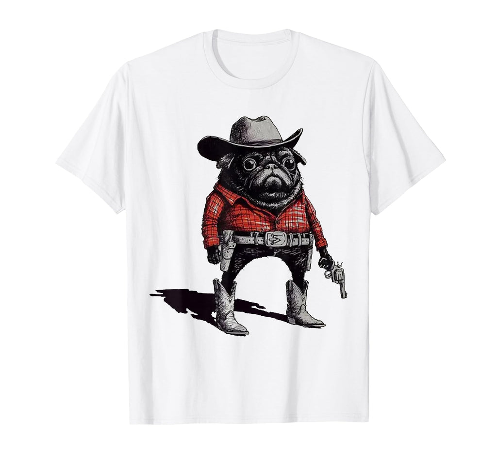 Pug Funny Western Cowboy Dog Lover T-Shirt - Minimalist Print Unisex - T-Shirt, Sweatshirt, Hoodie