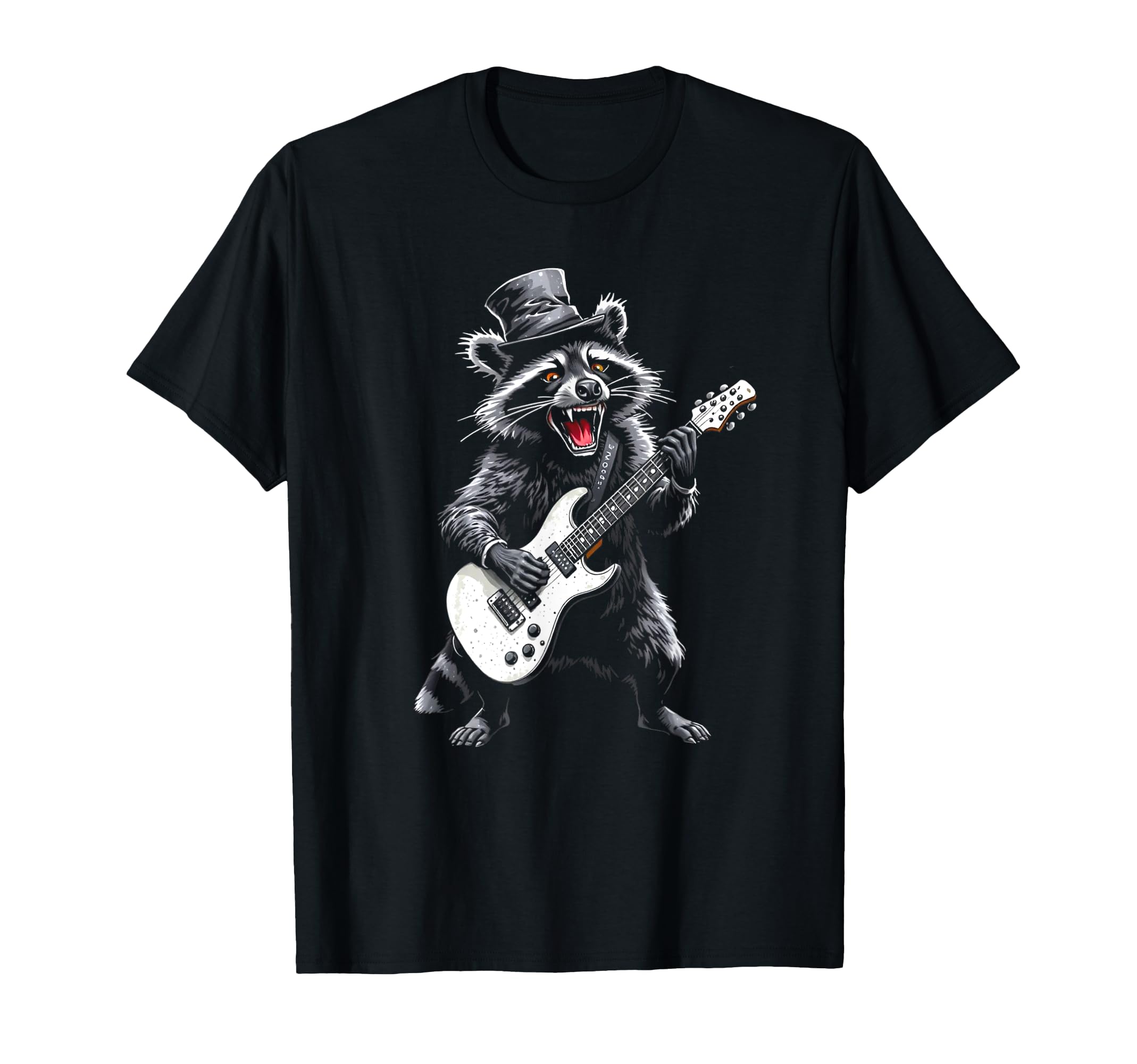 Raccoon Guitarist Hat Rock T-Shirt - Unique Graphic for Adults - T-Shirt, Sweatshirt, Hoodie