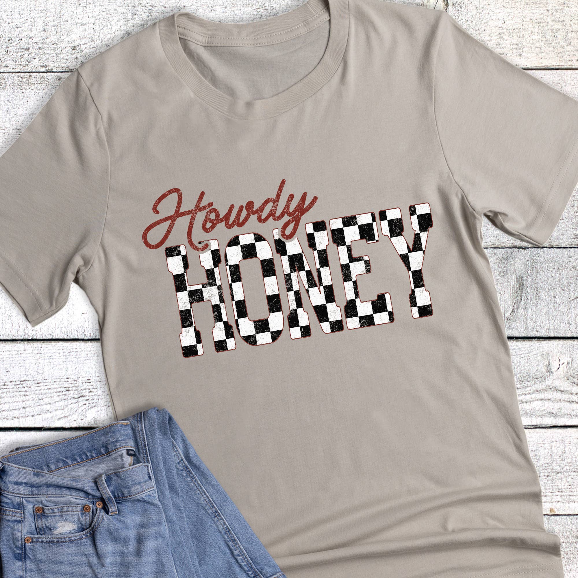 Western Checked Howdy Honey Graphic - Adult & Kids T-Shirts, Sweatshirts & Hoodies apparel design preview 1
