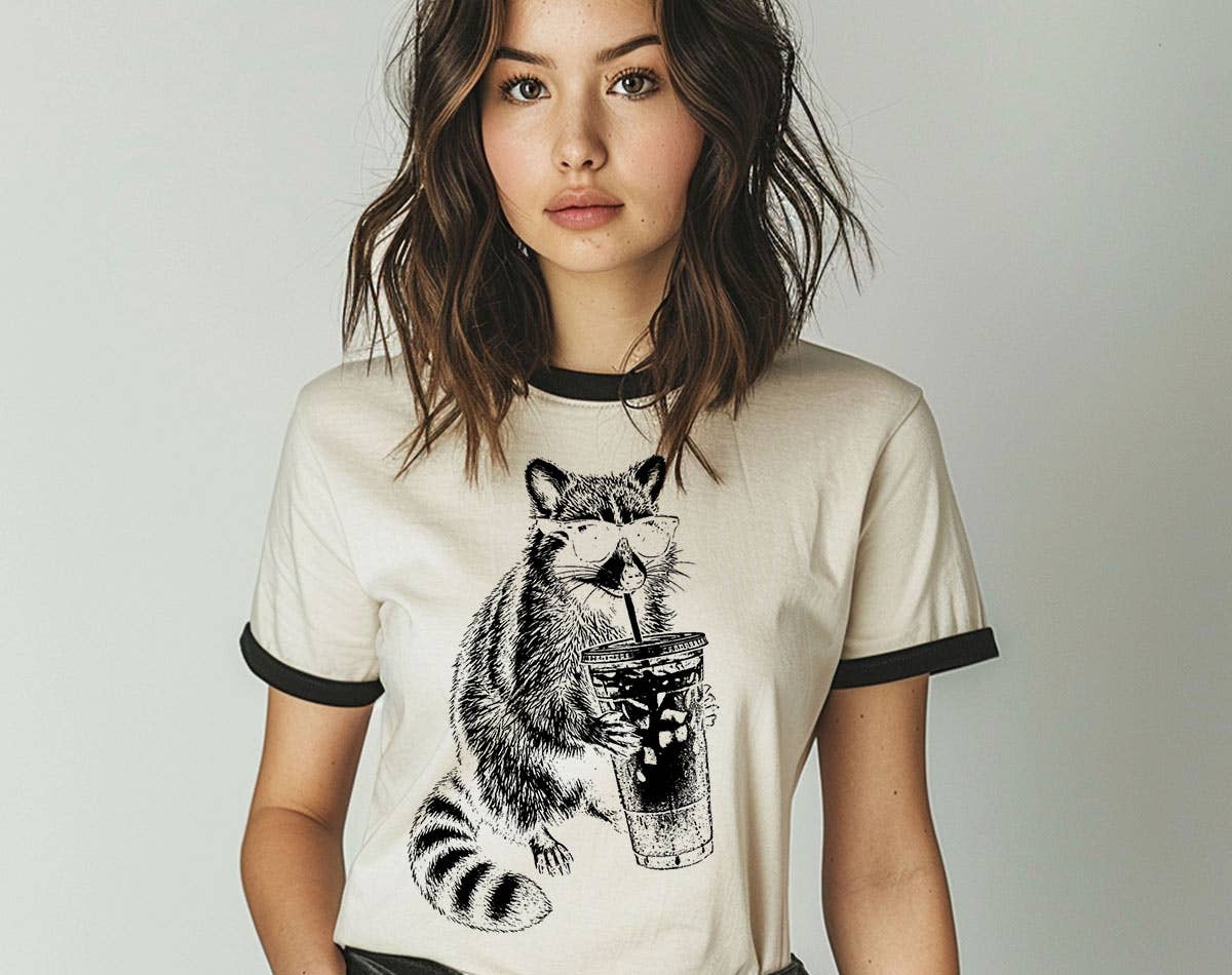 Raccoon Drinking Iced Coffee Funny Animal Ringer - Adult & Kids T-Shirts, Sweatshirts & Hoodies apparel design preview 1
