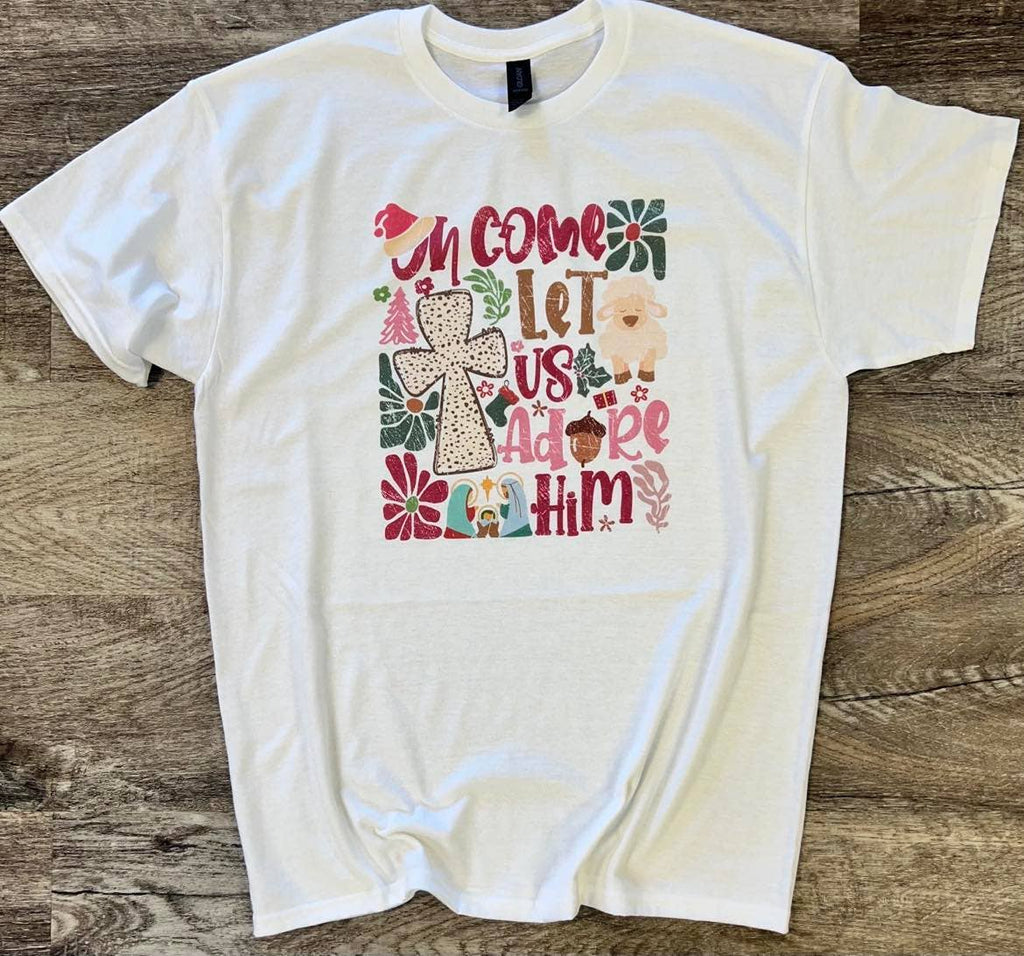 Oh Come Let Us Adore Him Colorful with Cross On White - Adult & Kids T-Shirts, Sweatshirts & Hoodies apparel design preview 1