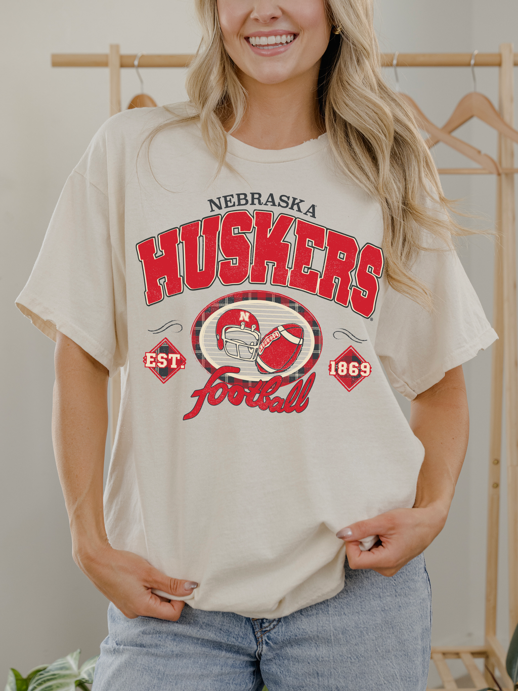 Nebraska Huskers Gridiron Football Off White Thrifted - Adult & Kids T-Shirts, Sweatshirts & Hoodies apparel design preview 1