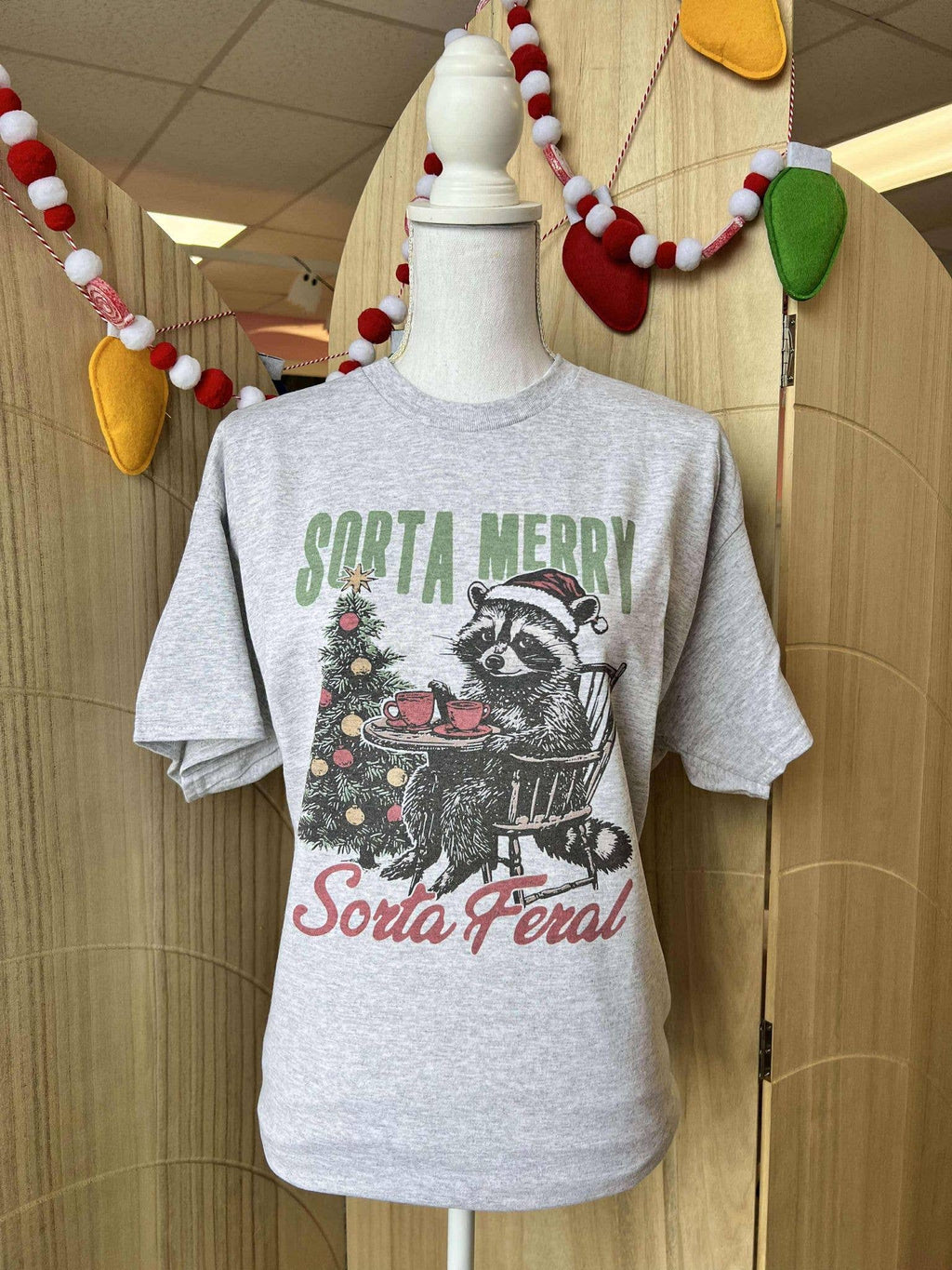 Sorta Merry Feral Raccoon On Ash Gray - Adult & Kids T-Shirts, Sweatshirts & Hoodies apparel design preview 1