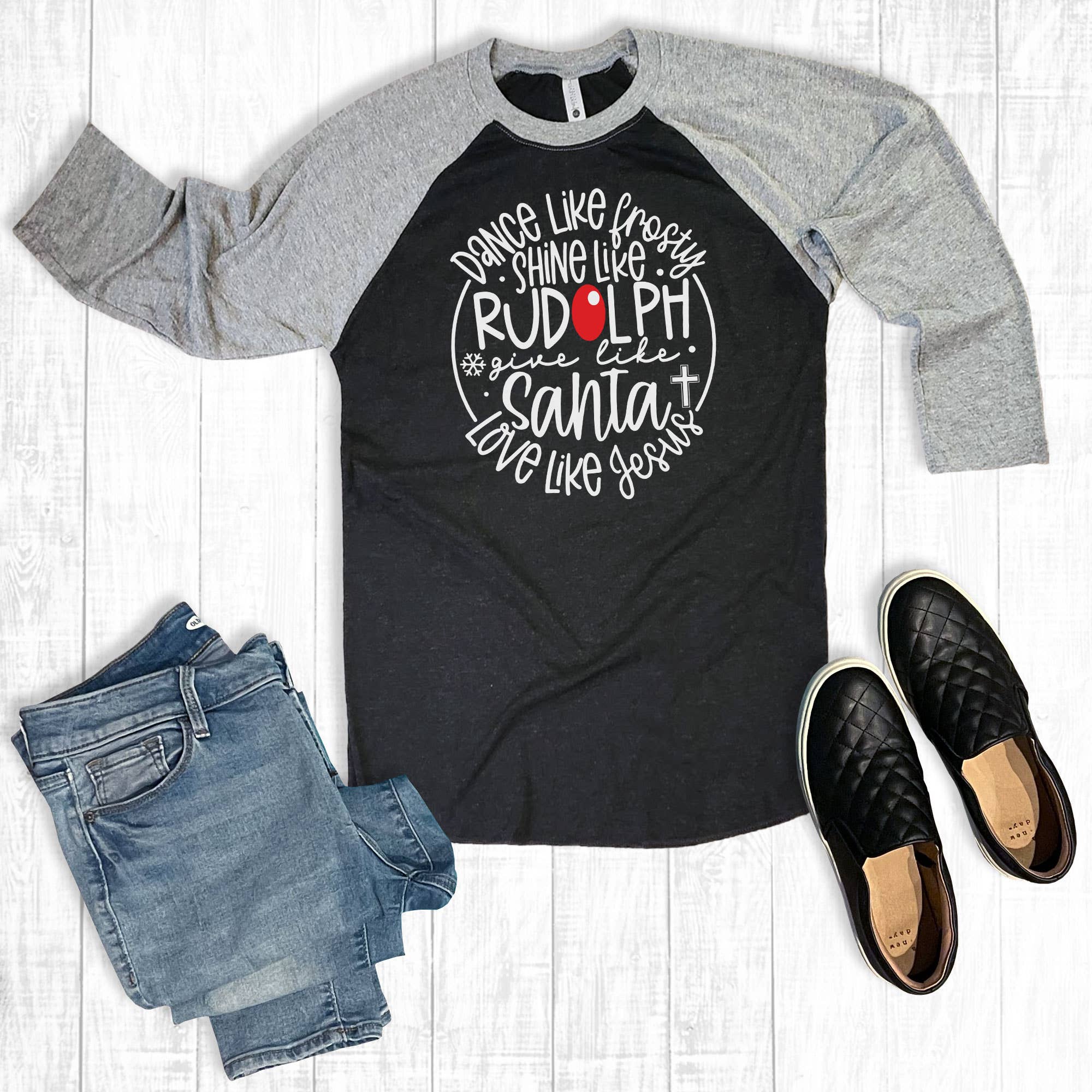 Dance Like Frosty Shine Rudolph Charcoal Raglan - Adult & Kids T-Shirts, Sweatshirts & Hoodies apparel design preview 1