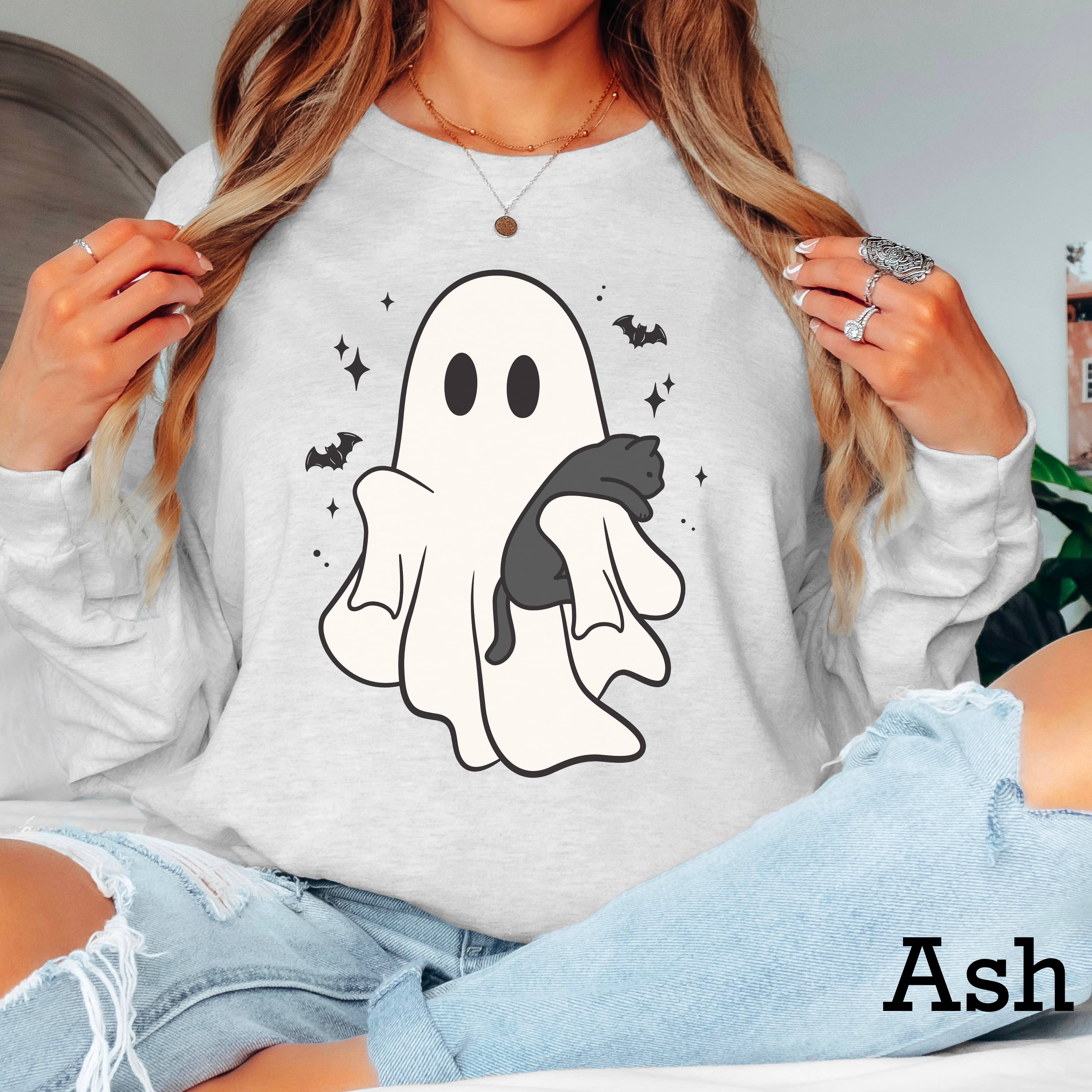 Halloween 2025 Ghost and Cat Gildan - Adult & Kids T-Shirts, Sweatshirts & Hoodies apparel design preview 1