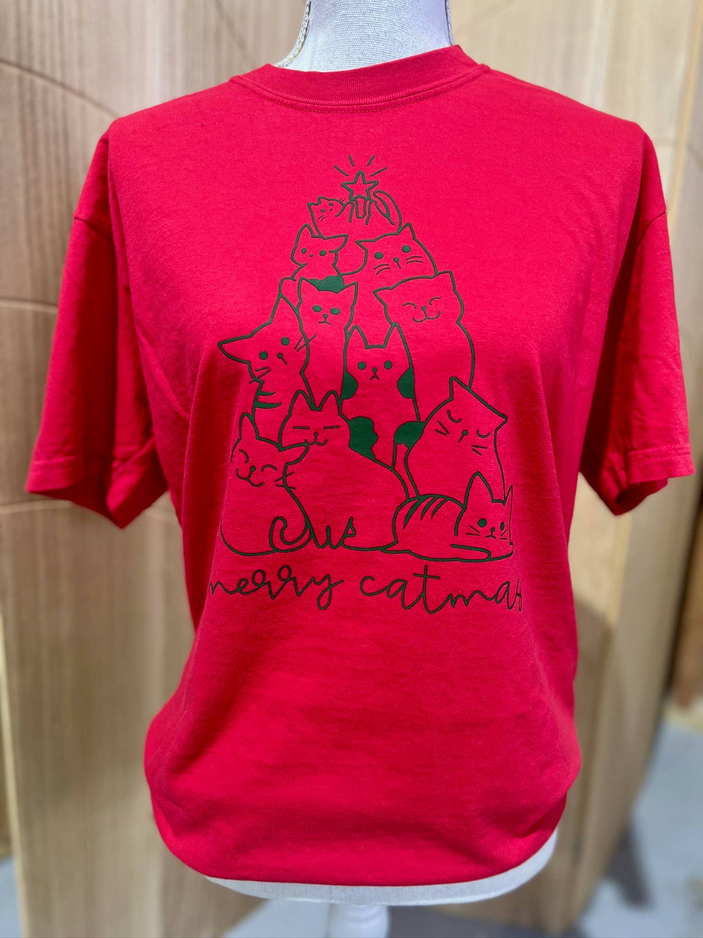 Merry Catmas Green Print On Comfort Colors Red - Adult & Kids T-Shirts, Sweatshirts & Hoodies apparel design preview 1