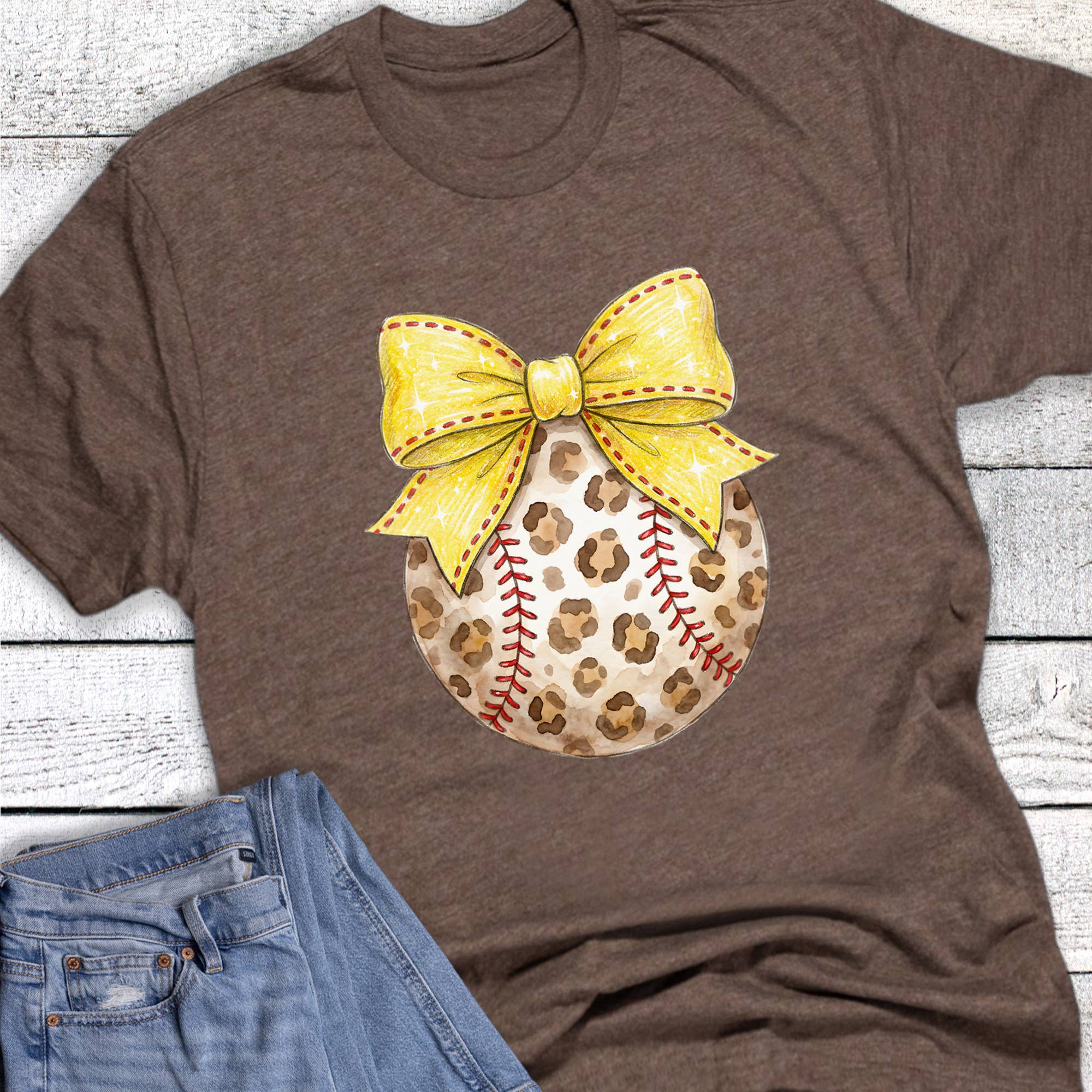 Softball Leopard Ball and Bow Graphic - Adult & Kids T-Shirts, Sweatshirts & Hoodies apparel design preview 1