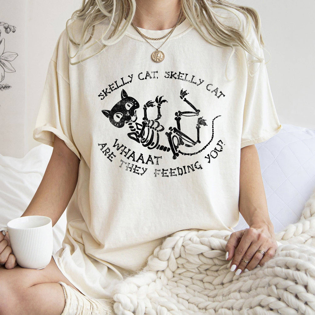 Skelly Cat Retro Halloween Black Print - Adult & Kids T-Shirts, Sweatshirts & Hoodies apparel design preview 1