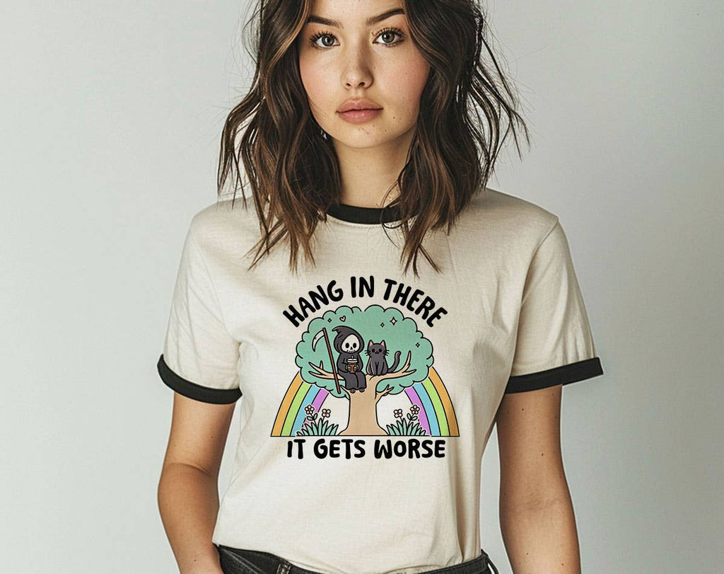 Hang in There It Gets Worse Funny Cat Sassy Graphic - Adult & Kids T-Shirts, Sweatshirts & Hoodies apparel design preview 1
